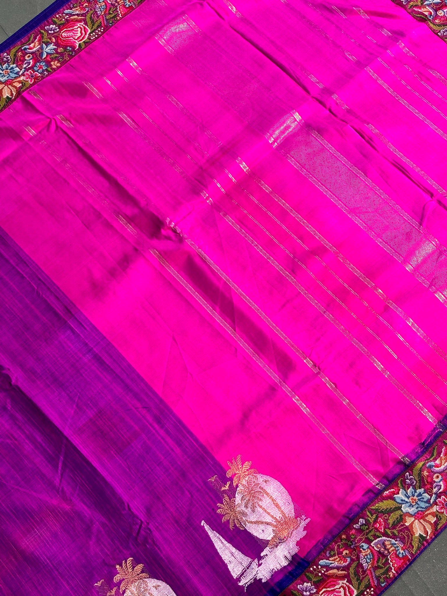 Founder Choice 058: Founder Choice 058: Magenta & Violet Pure Kanjivaram Silk Saree with Multi Cross Stitch Border | Silk Mark Certified