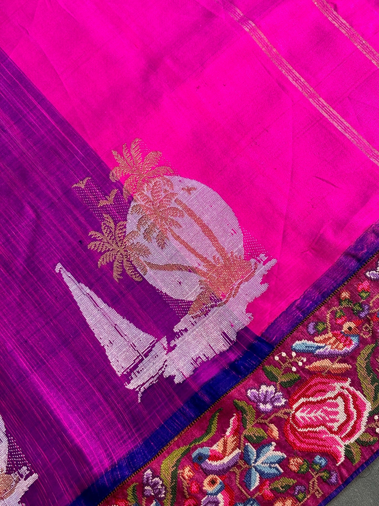 Founder Choice 058: Founder Choice 058: Magenta & Violet Pure Kanjivaram Silk Saree with Multi Cross Stitch Border | Silk Mark Certified