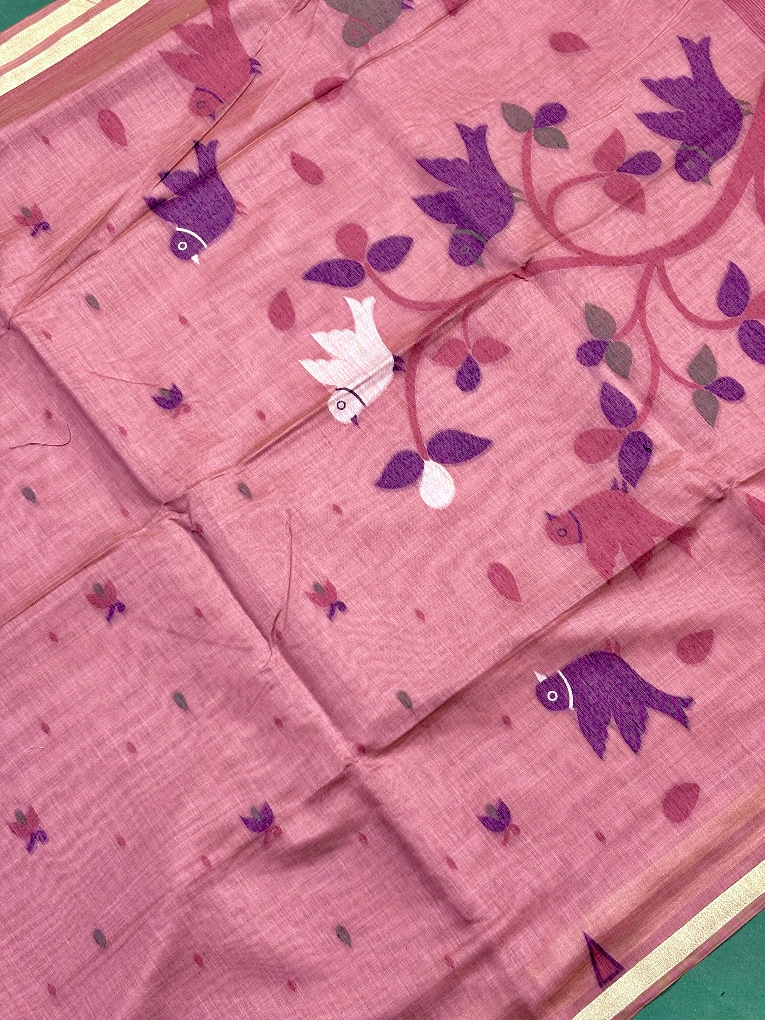Utsav Banaras 068: Dusty Peach Jamdani Saree with Artistic Bird & Floral Weave