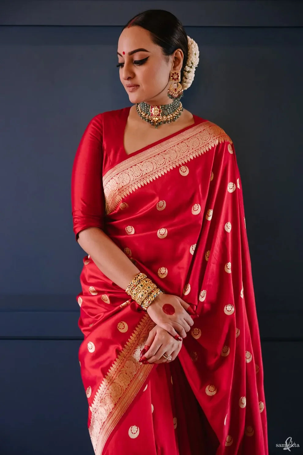VIRASAT 166: Pure Fine Handloom Silk Gold Zari Chand Buta Saree – Chatak Red