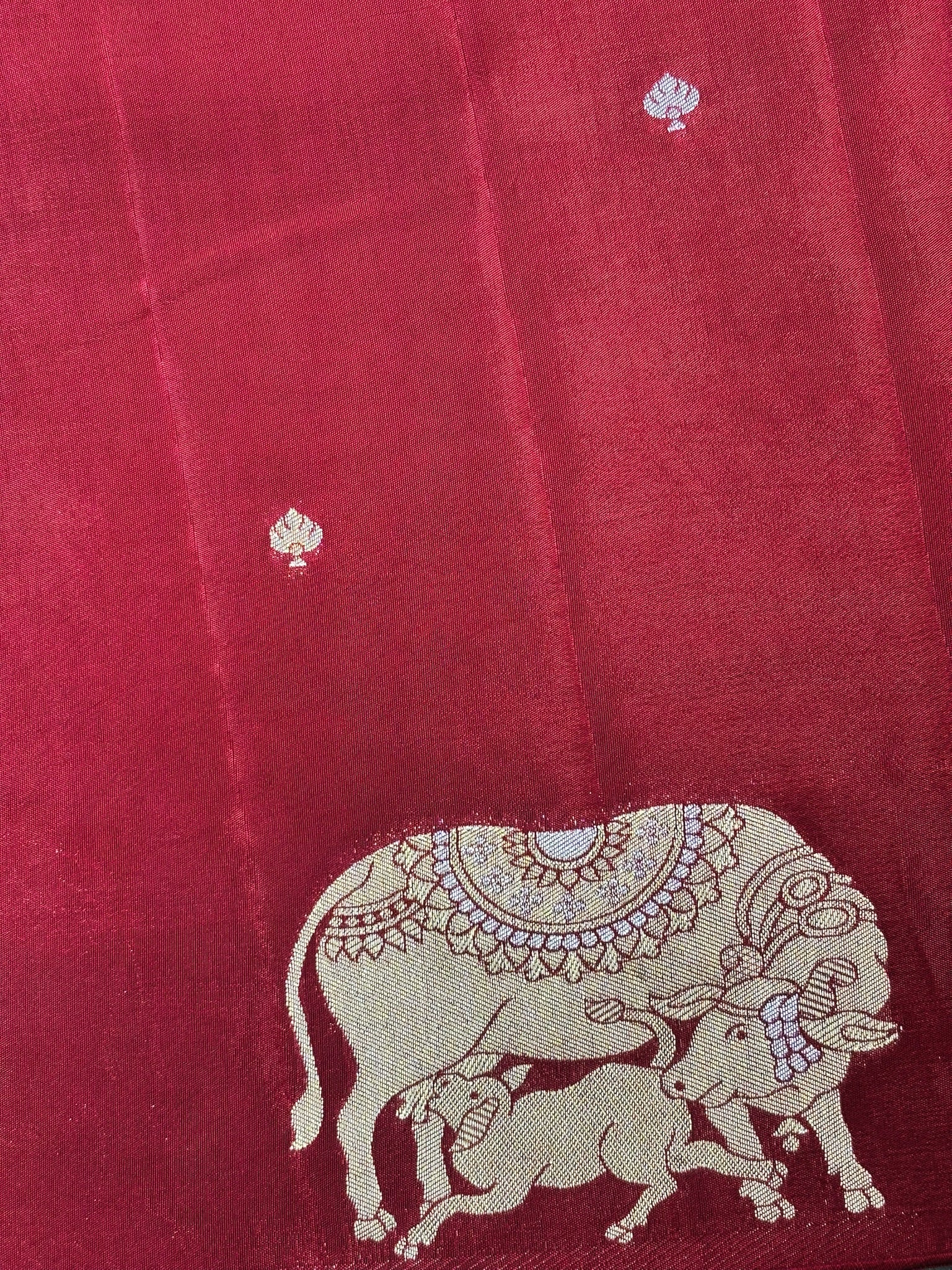 Waah Banaras 155: Maroon Red Mashru Silk Saree with Sona Rupa Zari Buti & Key Feather Elephant Motifs