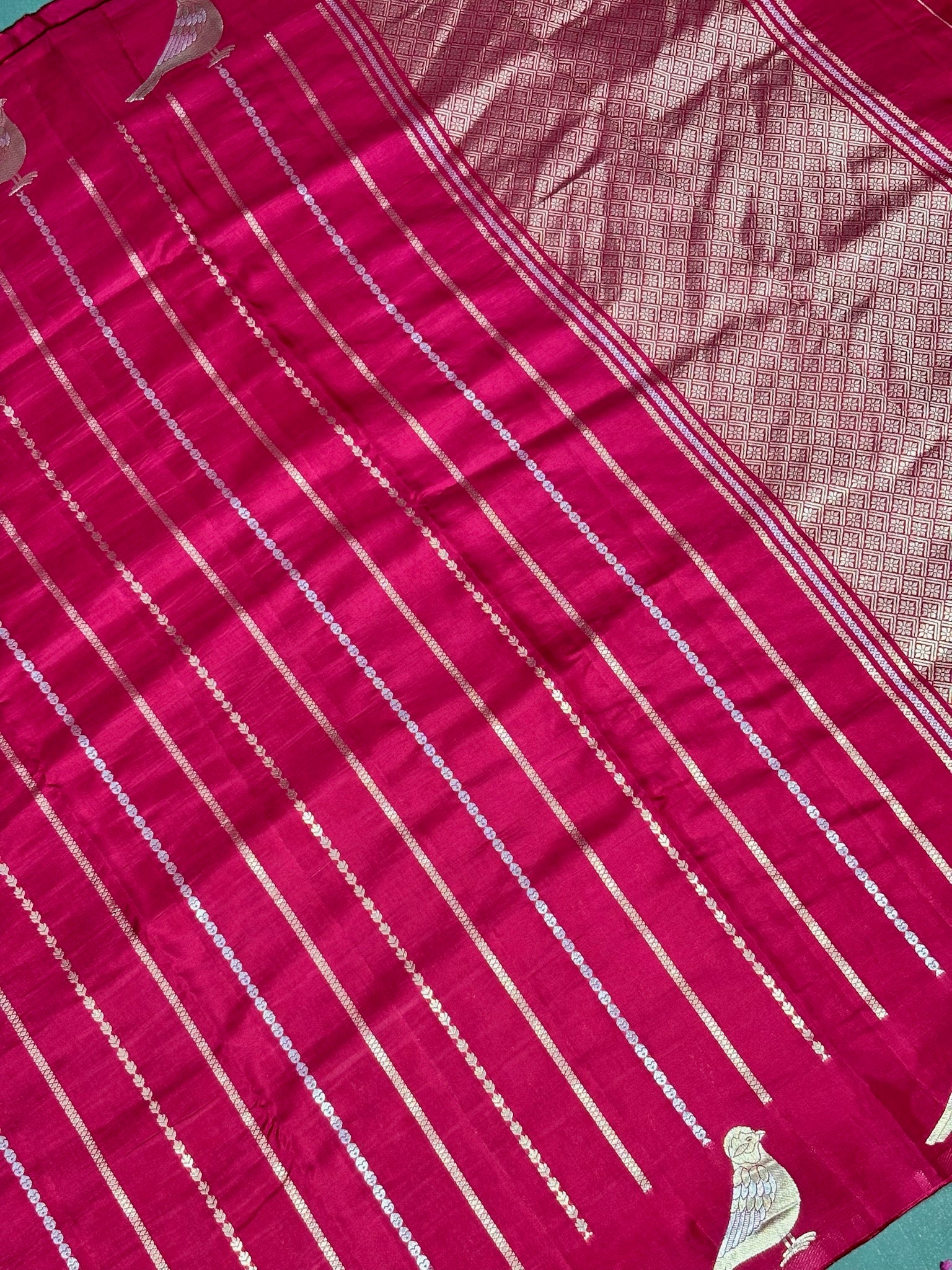 Waah Banaras 157: Pinkish Red Mashru Silk Saree with Sona Rupa Zari Stripes & Key Feather Bird Motifs