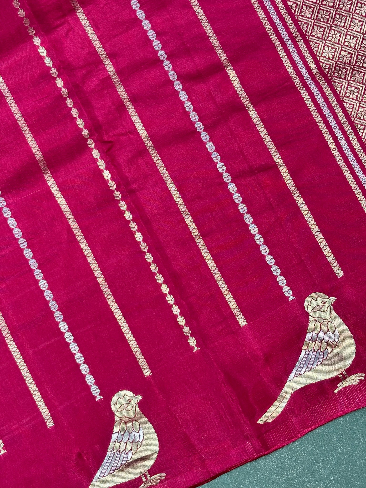 Waah Banaras 157: Pinkish Red Mashru Silk Saree with Sona Rupa Zari Stripes & Key Feather Bird Motifs