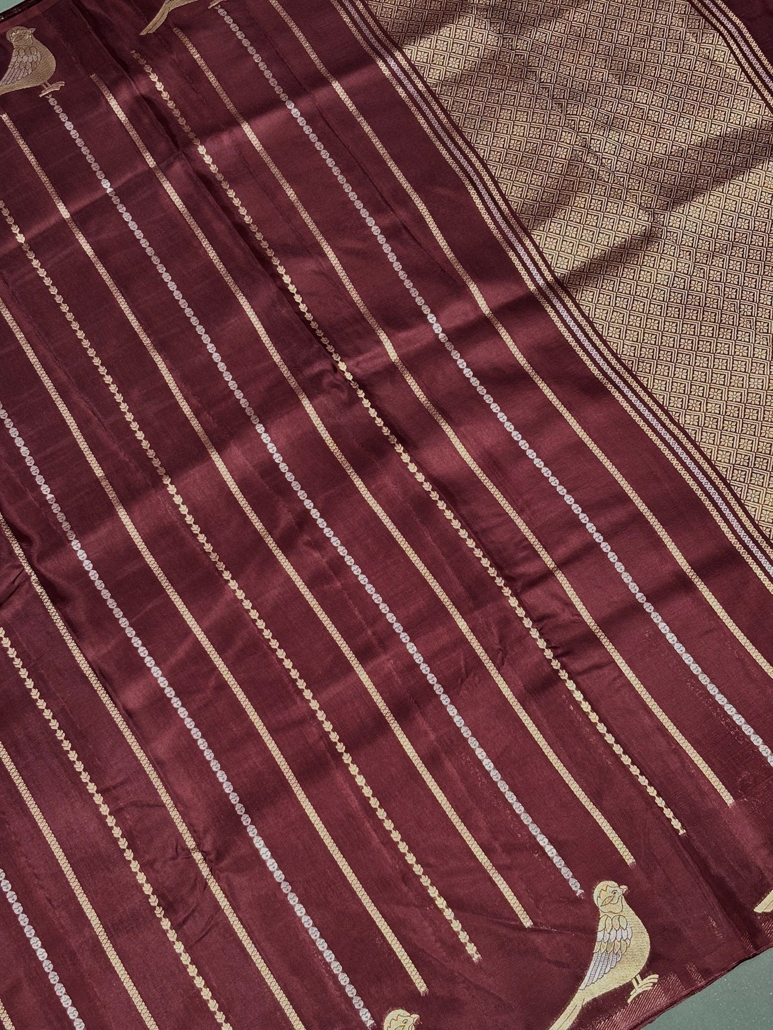 Waah Banaras 158: Elegant Coffee Mashru Silk Saree with Sona Rupa Zari & Bird Motif Border