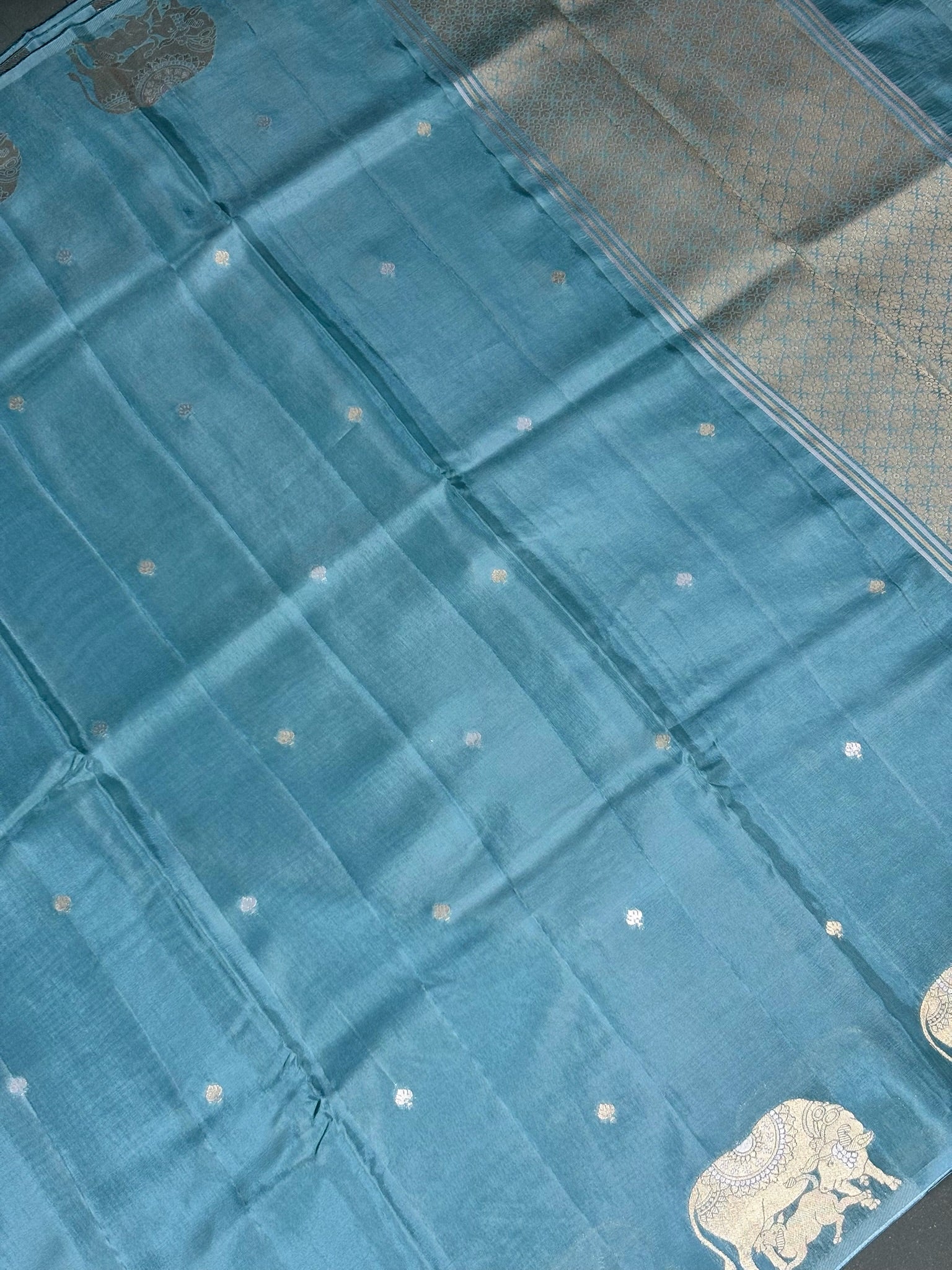 Waah Banaras 156: Graceful Myrtle Green Mashru Silk Saree with Sona Rupa Zari & Nandi Motif Border