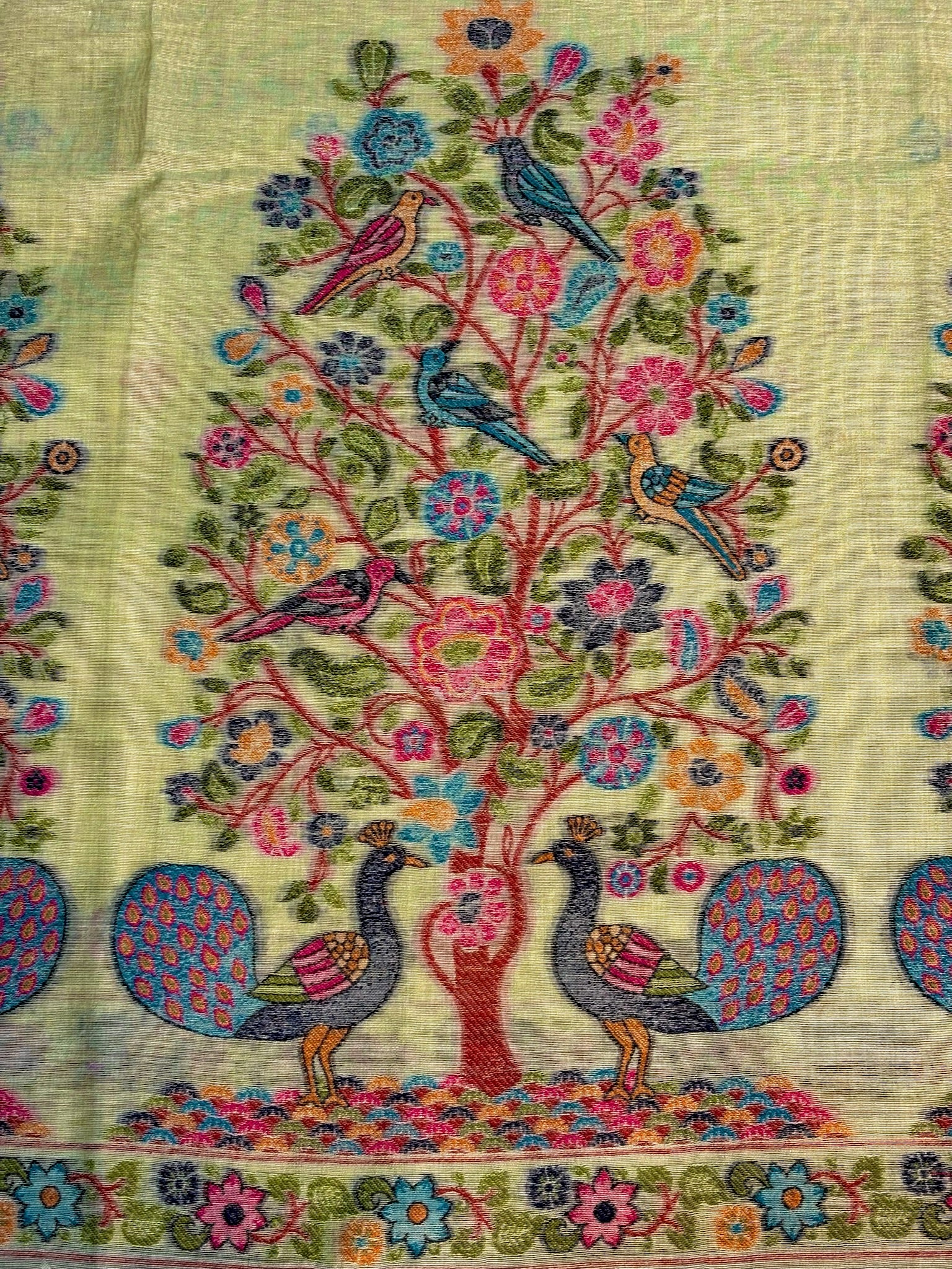 Utsav Banaras 376: Pista Green Handwoven Jamdani Saree with Peacock & Floral Tree Jaal