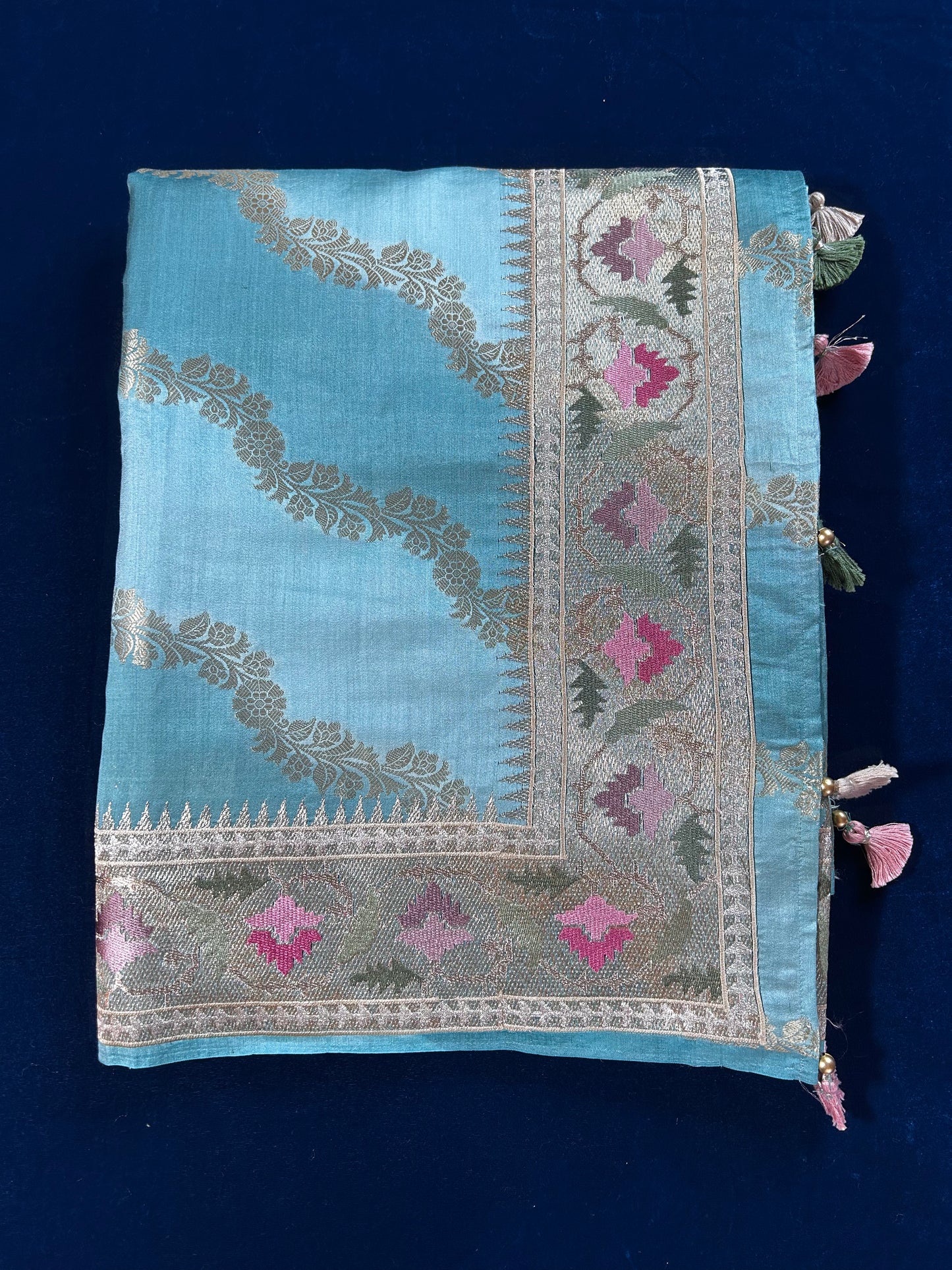 "VIRASAT 158" Firoza Classic Banarasi Rangkaat Saree with Nine Yard Embroidery Border and 5-Color Zari Work