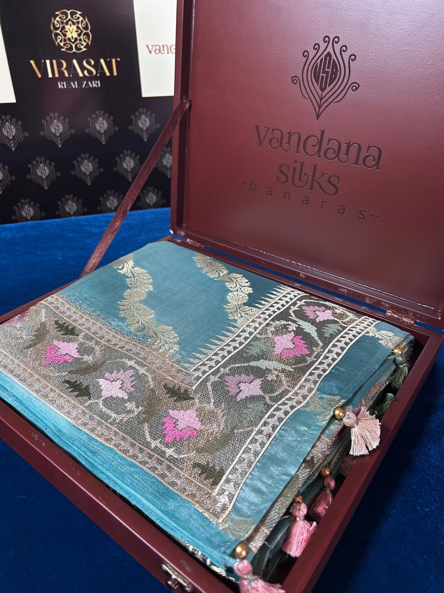"VIRASAT 158" Firoza Classic Banarasi Rangkaat Saree with Nine Yard Embroidery Border and 5-Color Zari Work