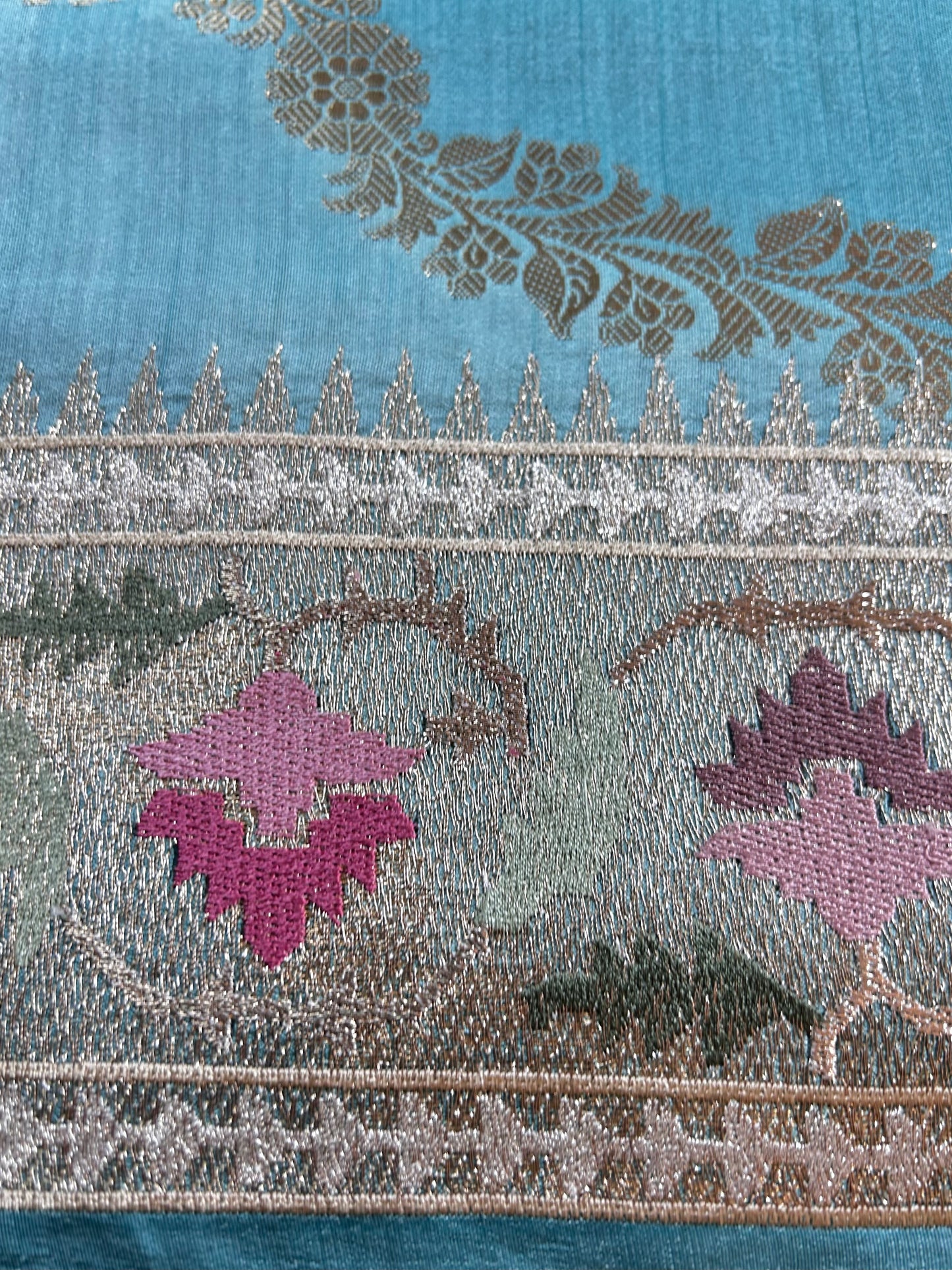 "VIRASAT 158" Firoza Classic Banarasi Rangkaat Saree with Nine Yard Embroidery Border and 5-Color Zari Work