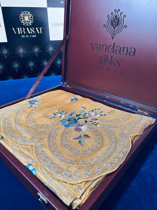 Shanta Dali Handwoven Pure Kora Silk Saree with British Colony Silk Work & Silver Zari Stripes