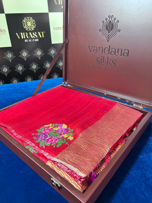 "VIRASAT 157" Anar Handloom Silk Saree with Zari Pallu & Thread Work