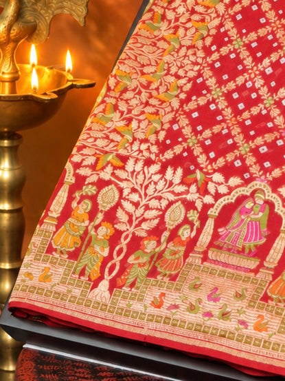 VIRASAT 345: Elegant shade of Red & Orange Pure Banarasi Georgette Silk Bandhani Saree With Meenakari Work on Border