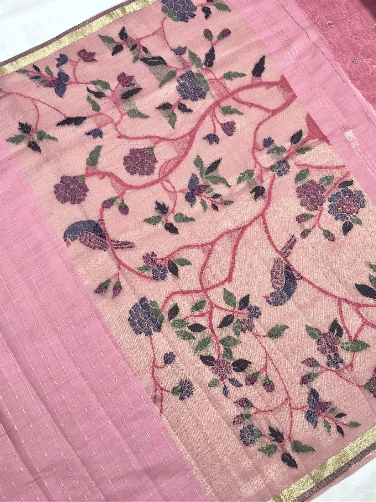 Utsav Banaras 455: Blush Pink Cotton Saree with Multicolor Resham Bird & Floral Work