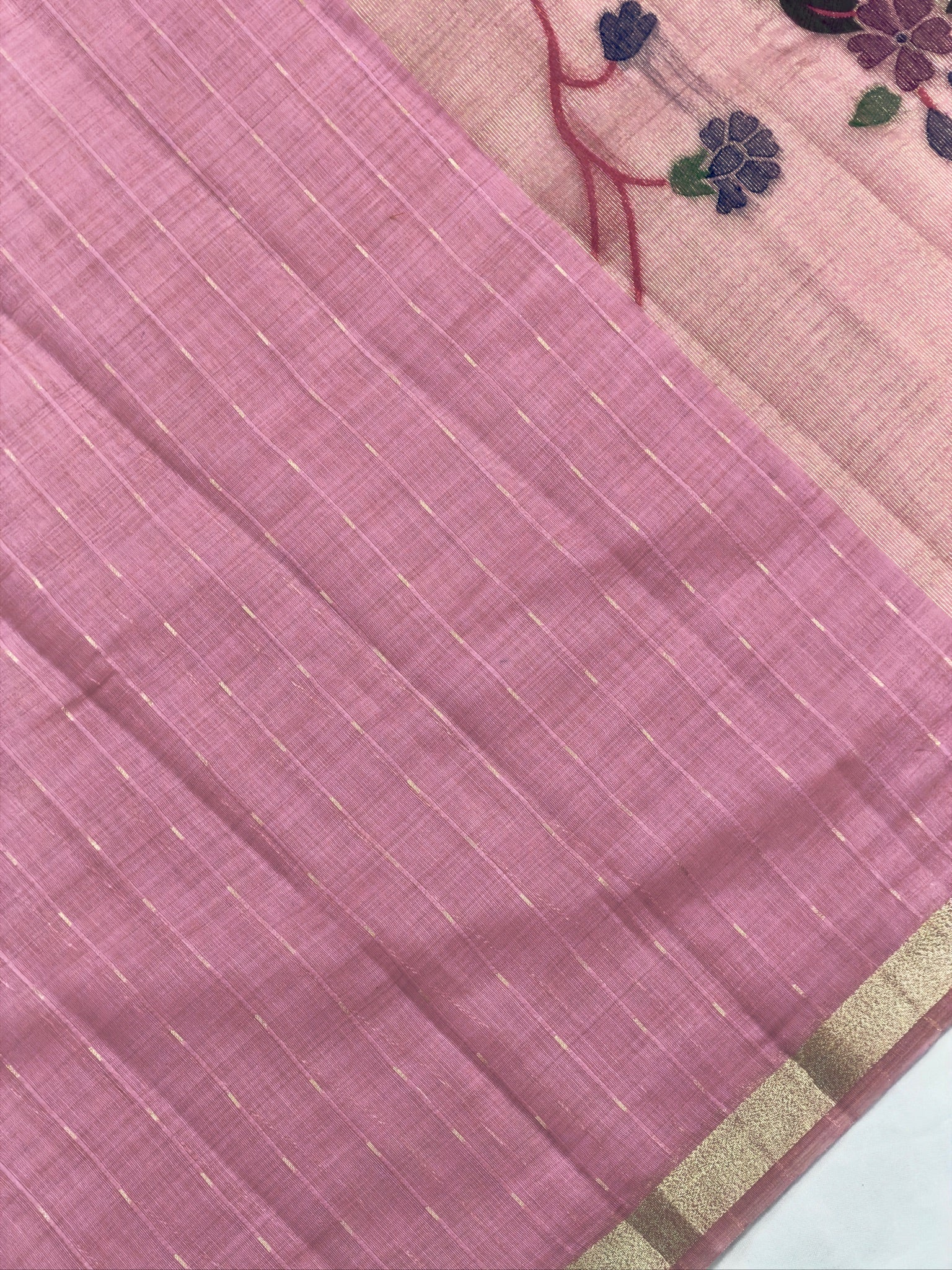 Utsav Banaras 455: Blush Pink Cotton Saree with Multicolor Resham Bird & Floral Work