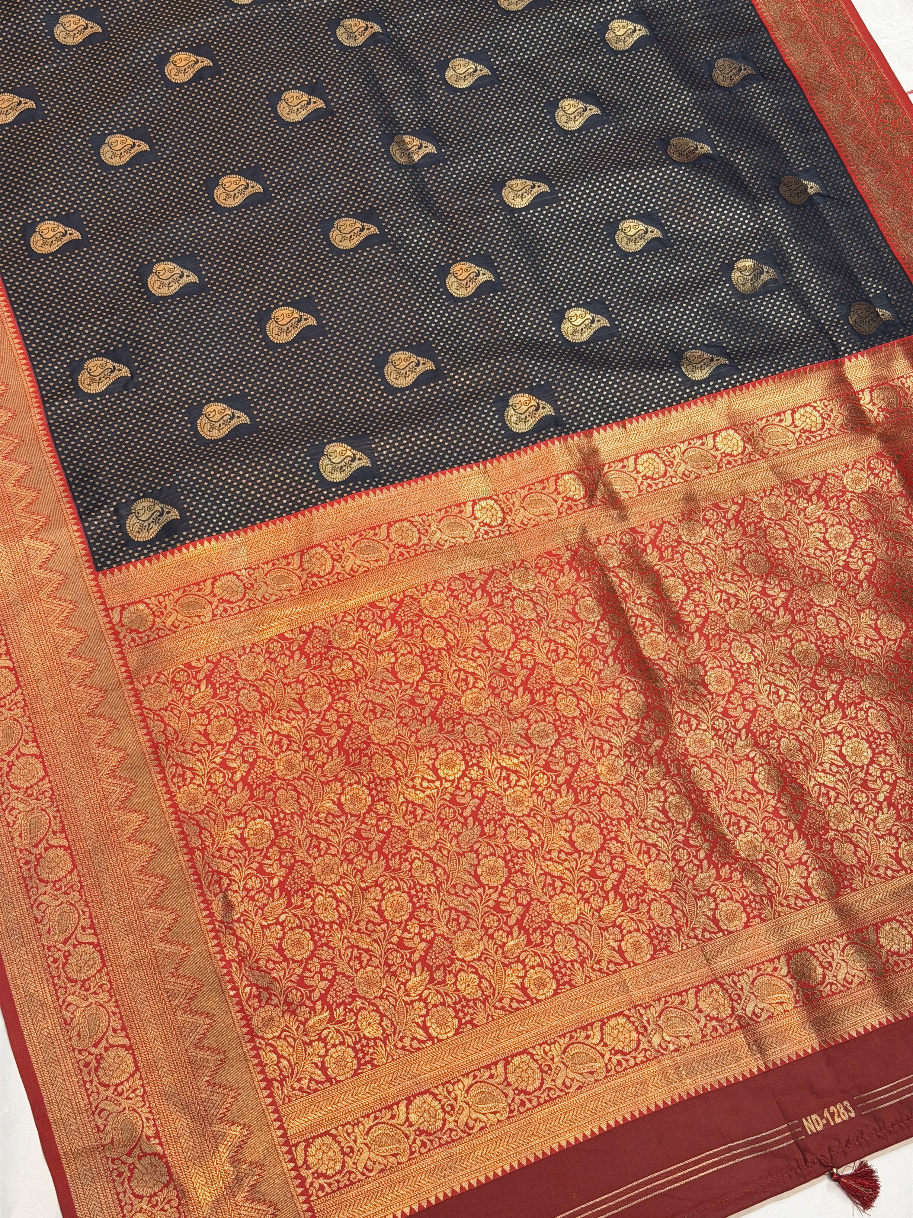 UTSAV BANARAS 452: Deep Navy Blue Banarasi Silk Saree with Antique Zari Paisley Butis & Heritage Border