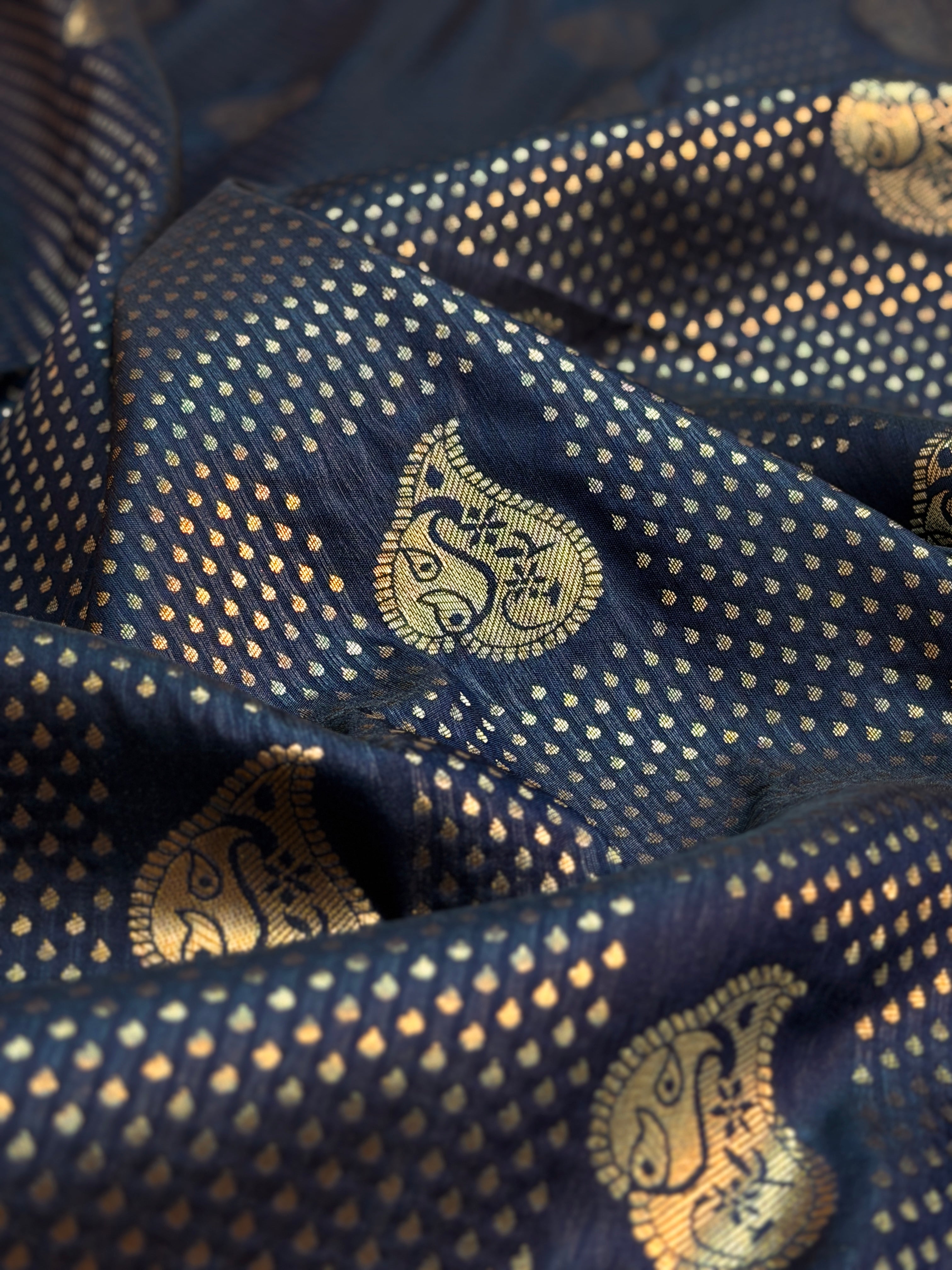 UTSAV BANARAS 452: Deep Navy Blue Banarasi Silk Saree with Antique Zari Paisley Butis & Heritage Border