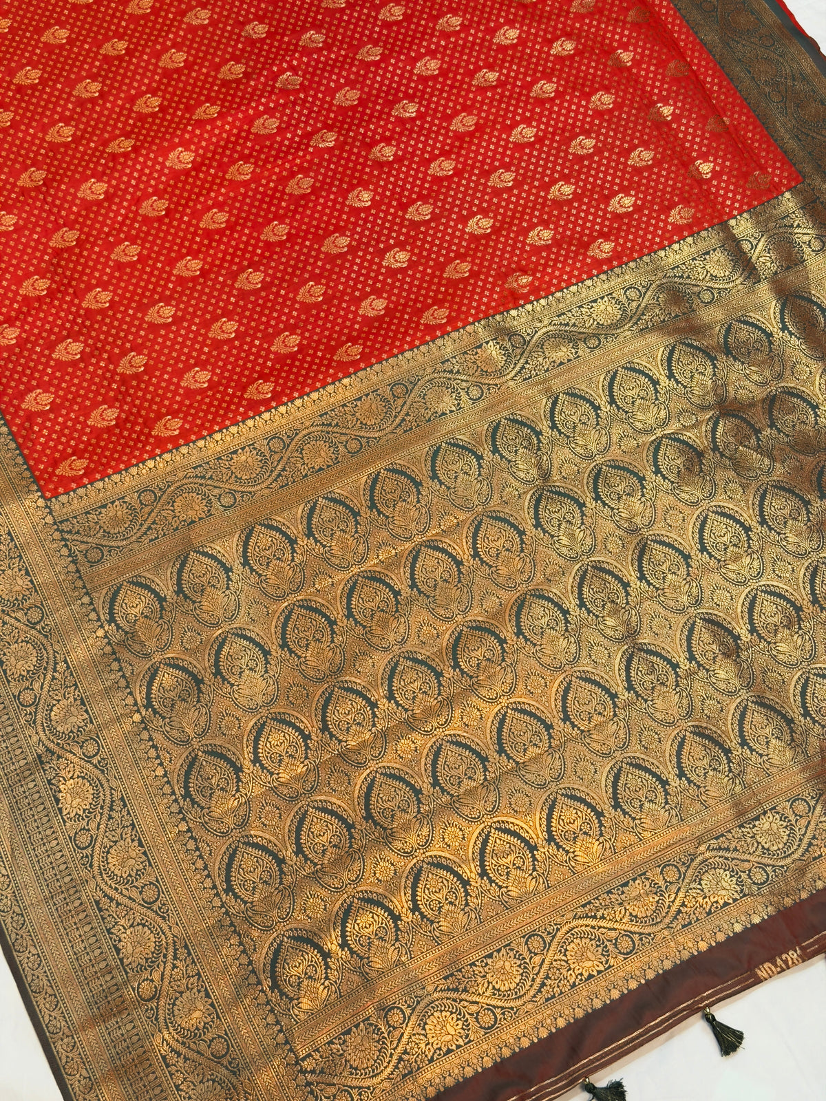 UTSAV BANARAS 450: Royal Vermilion Red Banarasi Silk Saree with Antique Zari Floral Border