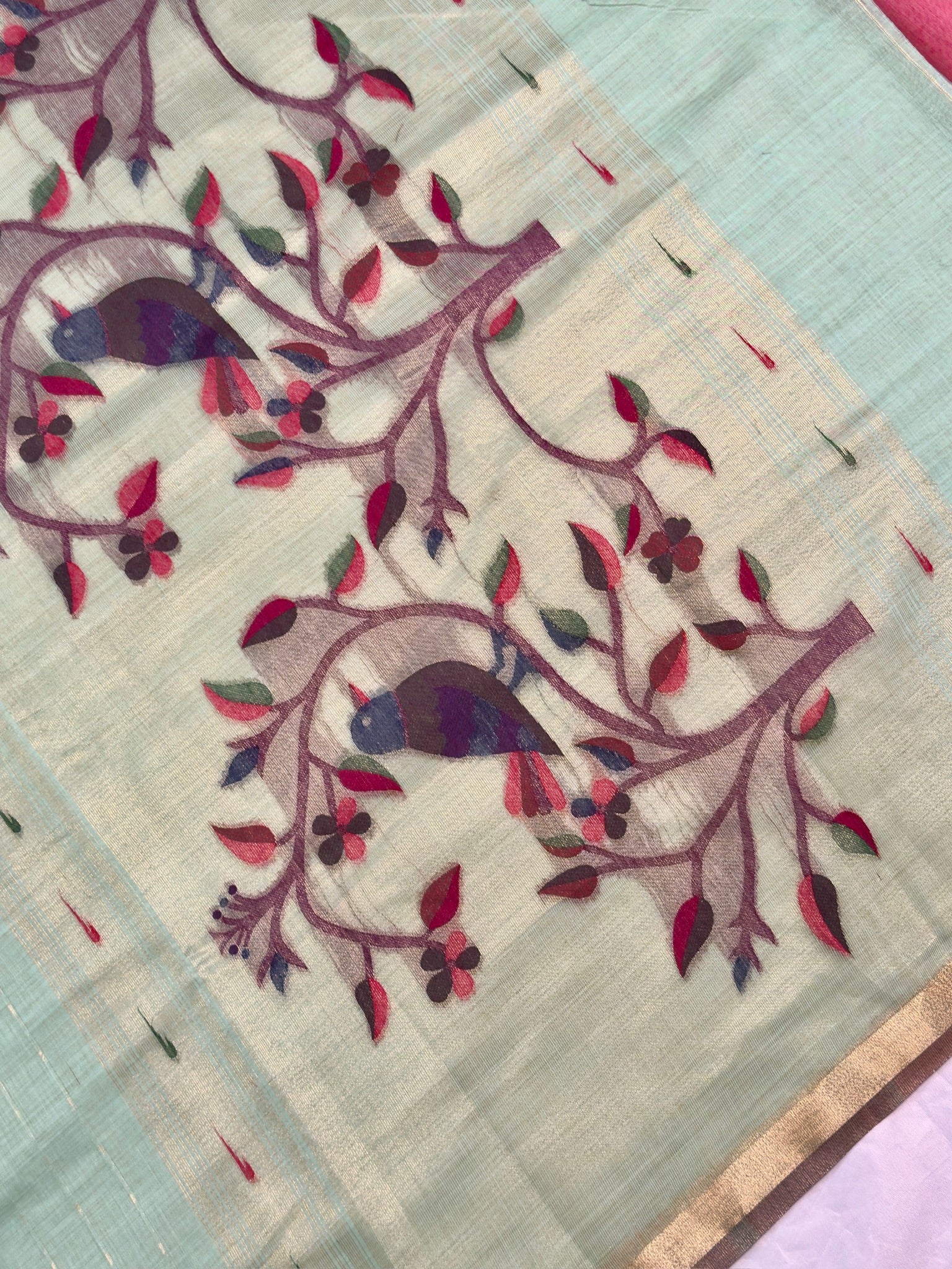 UTSAV BANARAS 464: Sky Blue Cotton Saree with Resham Bird Motif & Artistic Floral Border