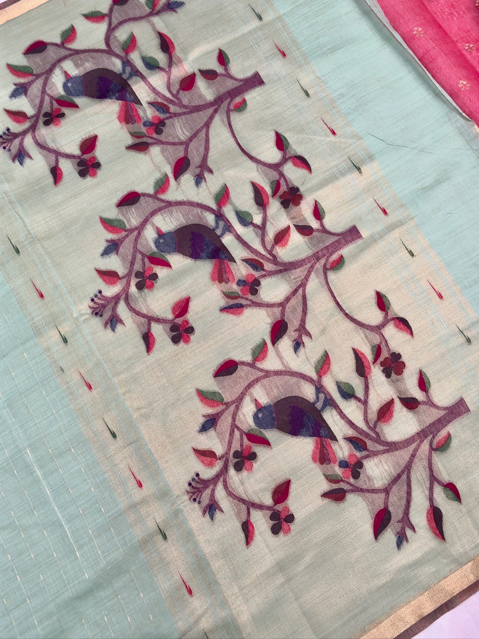 UTSAV BANARAS 464: Sky Blue Cotton Saree with Resham Bird Motif & Artistic Floral Border