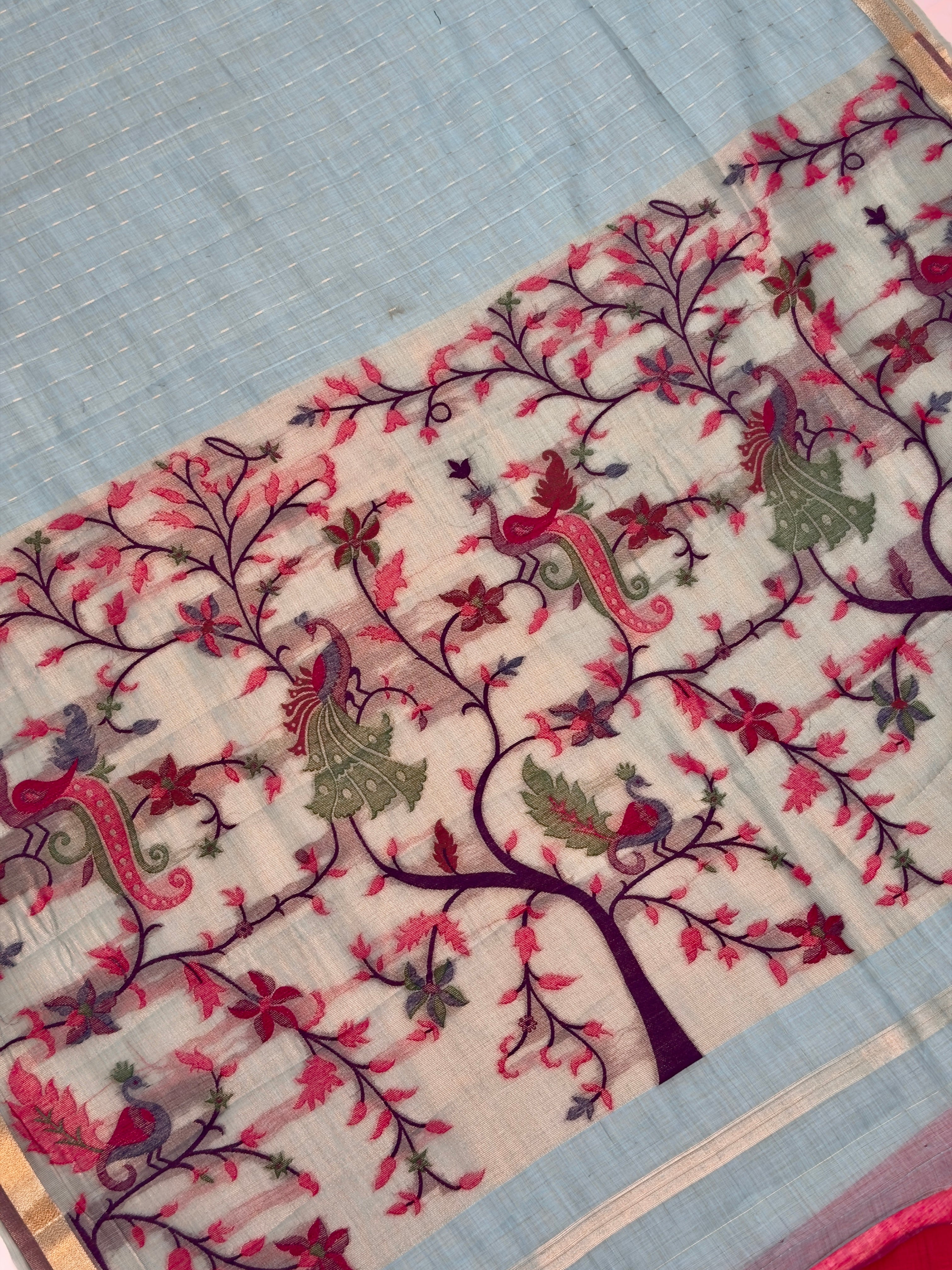 UTSAV BANARAS 468: Sky Blue Cotton Saree with Multicolor Resham Tree & Peacock Motif Design