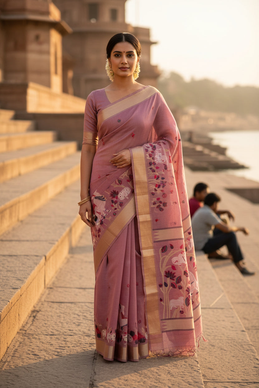 A pink silk saree or fabric panel featuring traditional Indian folk art motifs, including painted elephants, peacocks, and floral borders, laid flat on a white background.