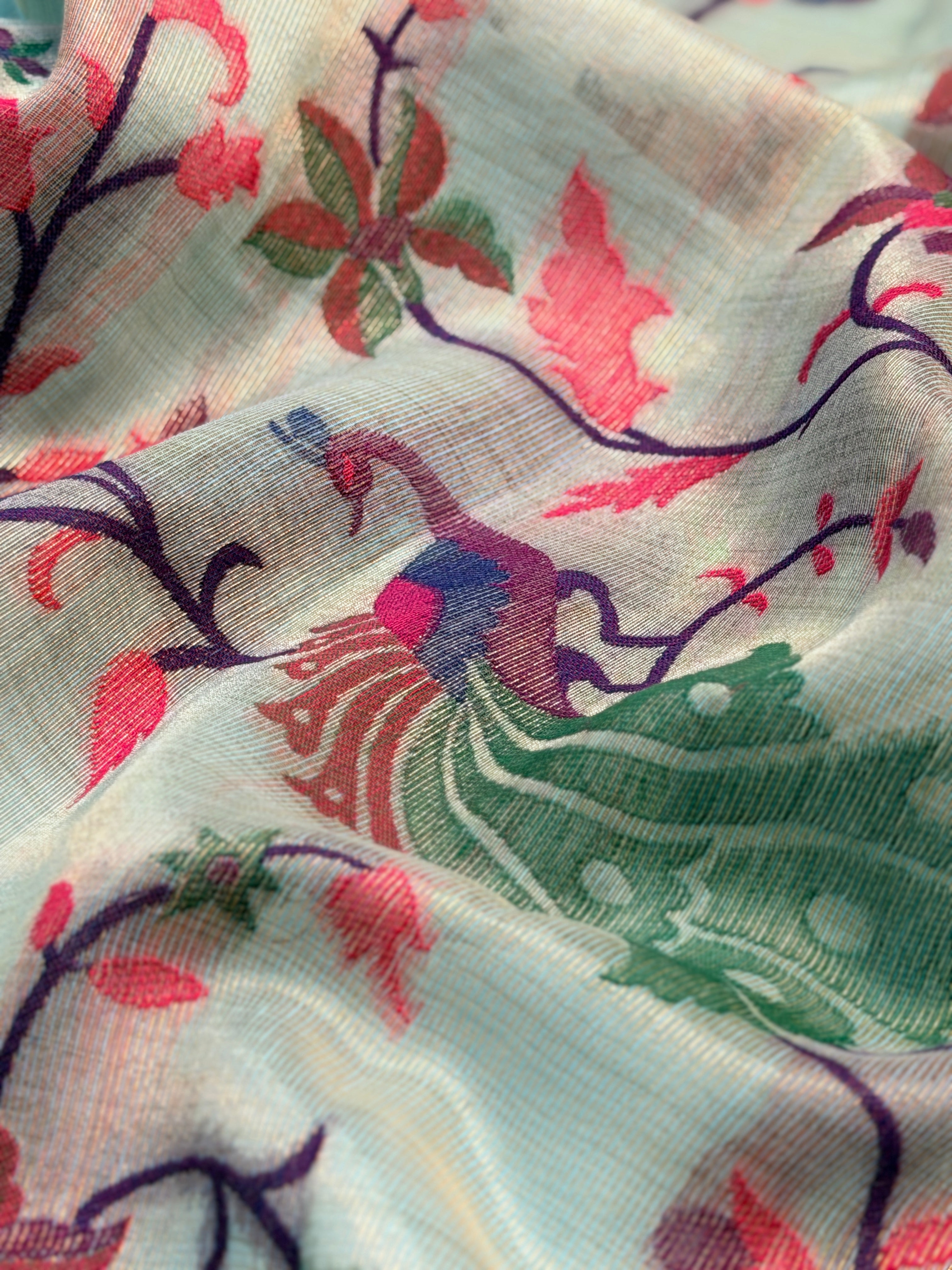 UTSAV BANARAS 468: Sky Blue Cotton Saree with Multicolor Resham Tree & Peacock Motif Design