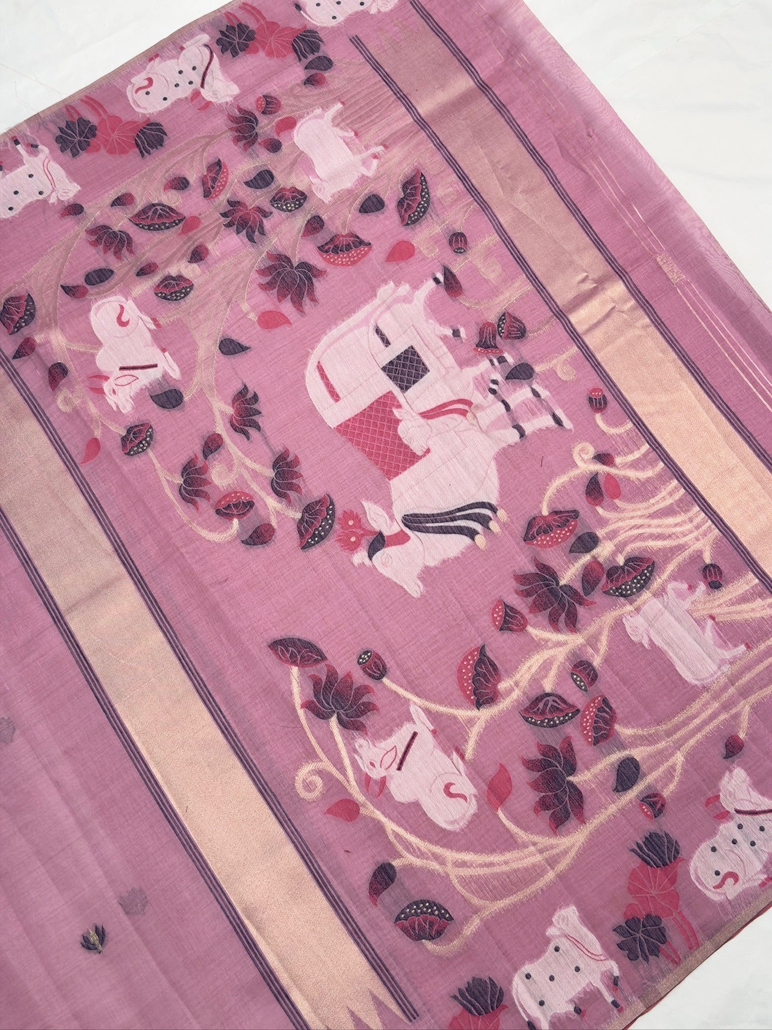 Utsav Banaras 457: Dusty Mauve Cotton Saree with Resham Nandi Motif & Traditional Folk Art Work