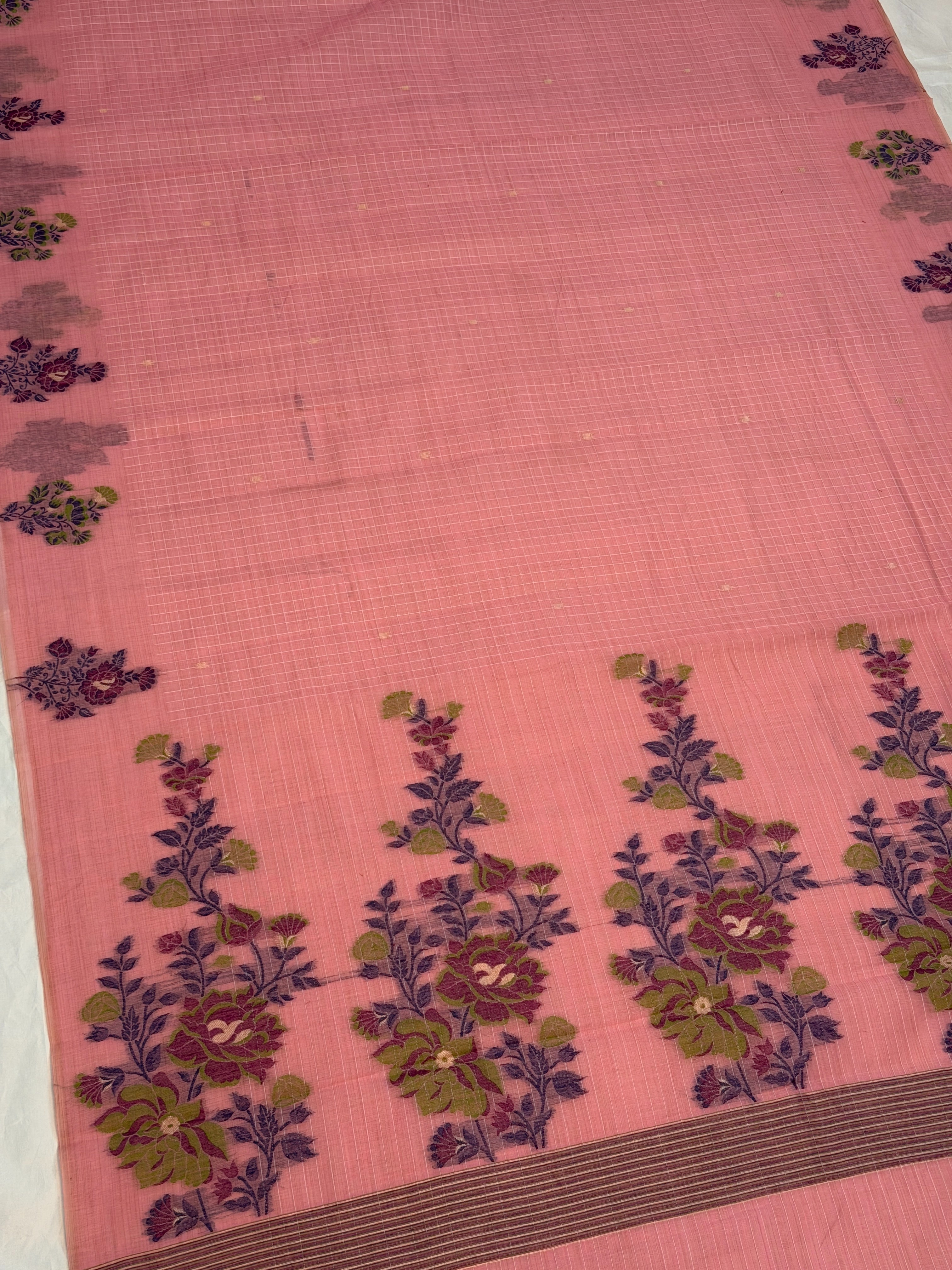 UTSAV BANARAS 461: Blush Pink Cotton Saree with Multicolor Resham Floral Bouquet Work