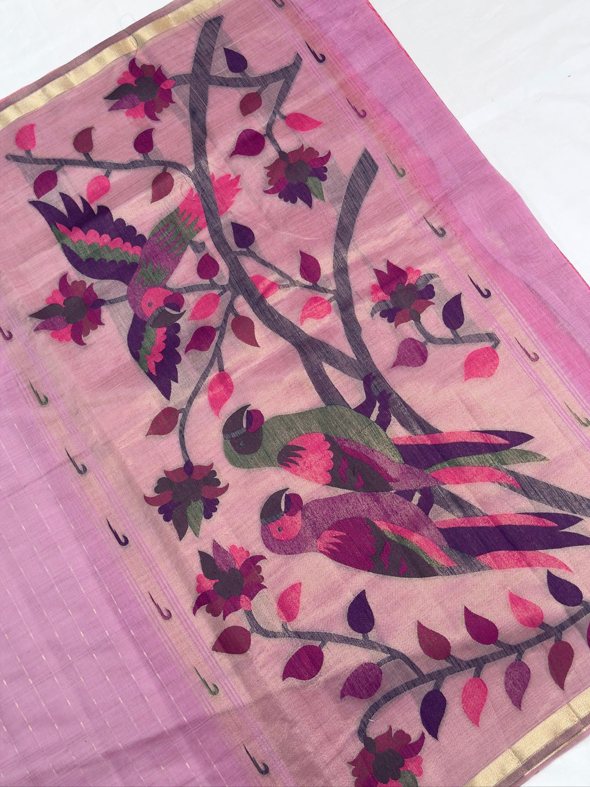 UTSAV BANARAS 463: Lavender Pink Cotton Saree with Multicolor Resham Bird & Floral Work