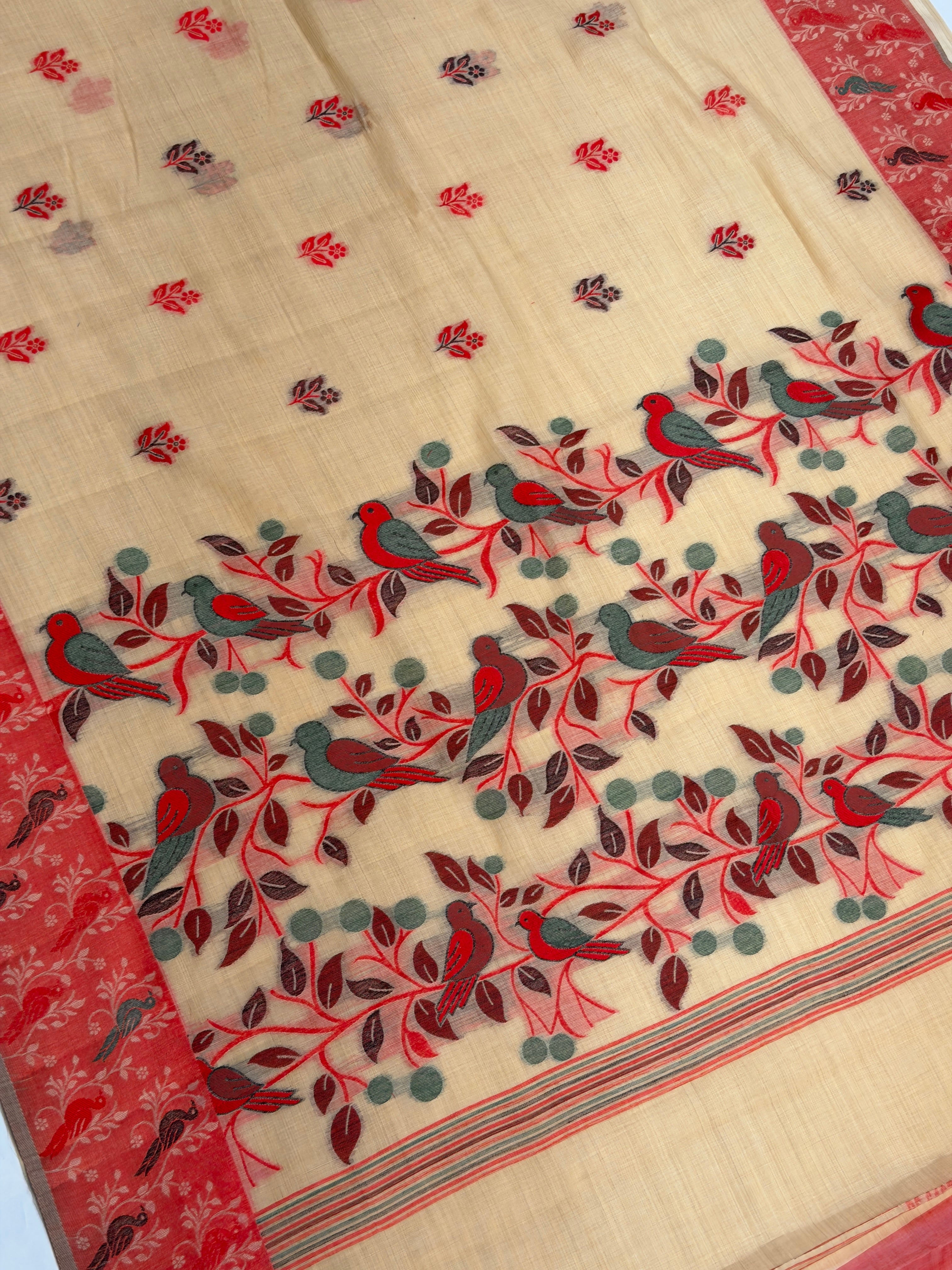 UTSAV BANARAS 459: Natural Beige Cotton Saree with Multicolor Resham Bird Motif Work