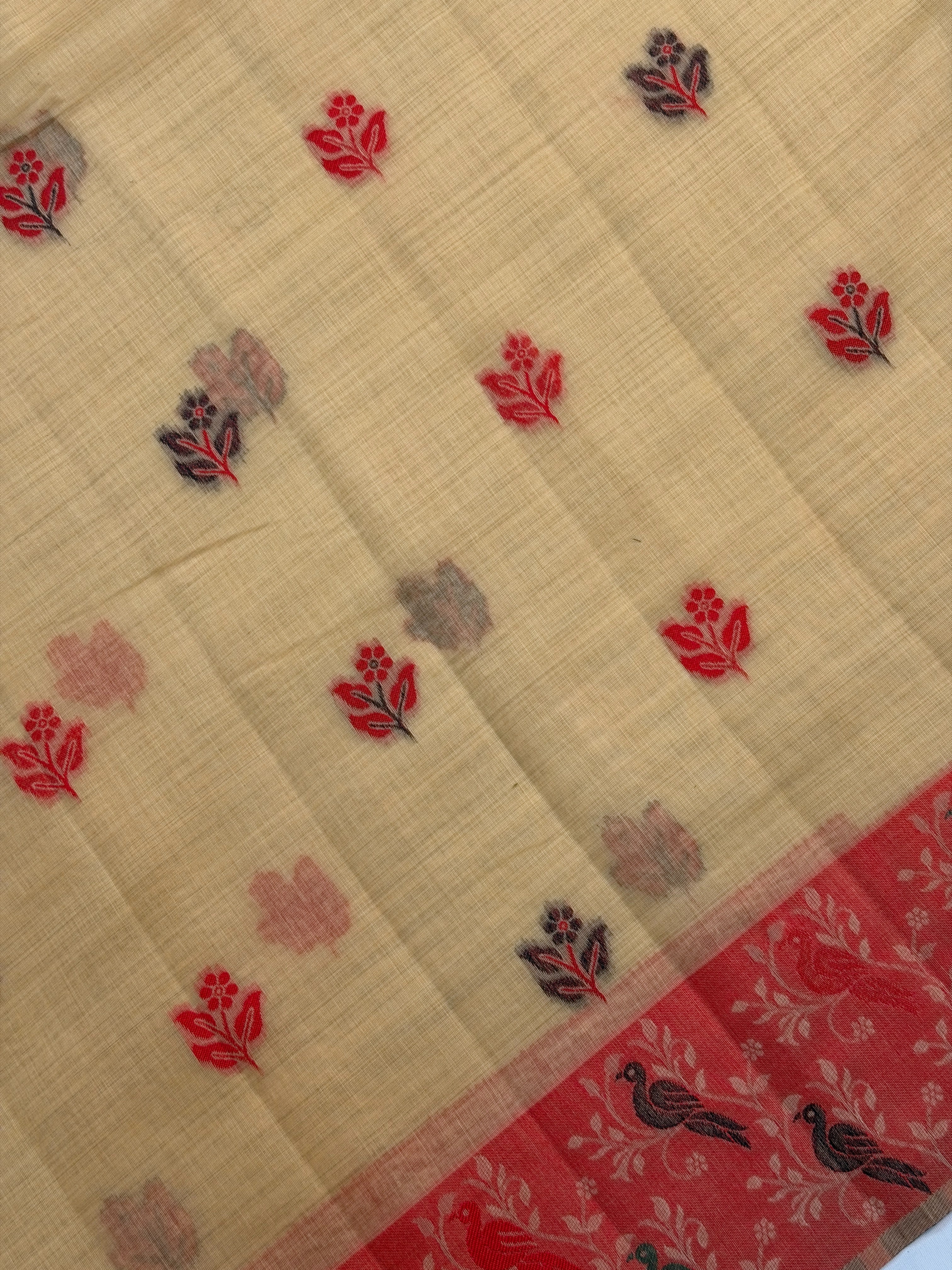 UTSAV BANARAS 459: Natural Beige Cotton Saree with Multicolor Resham Bird Motif Work
