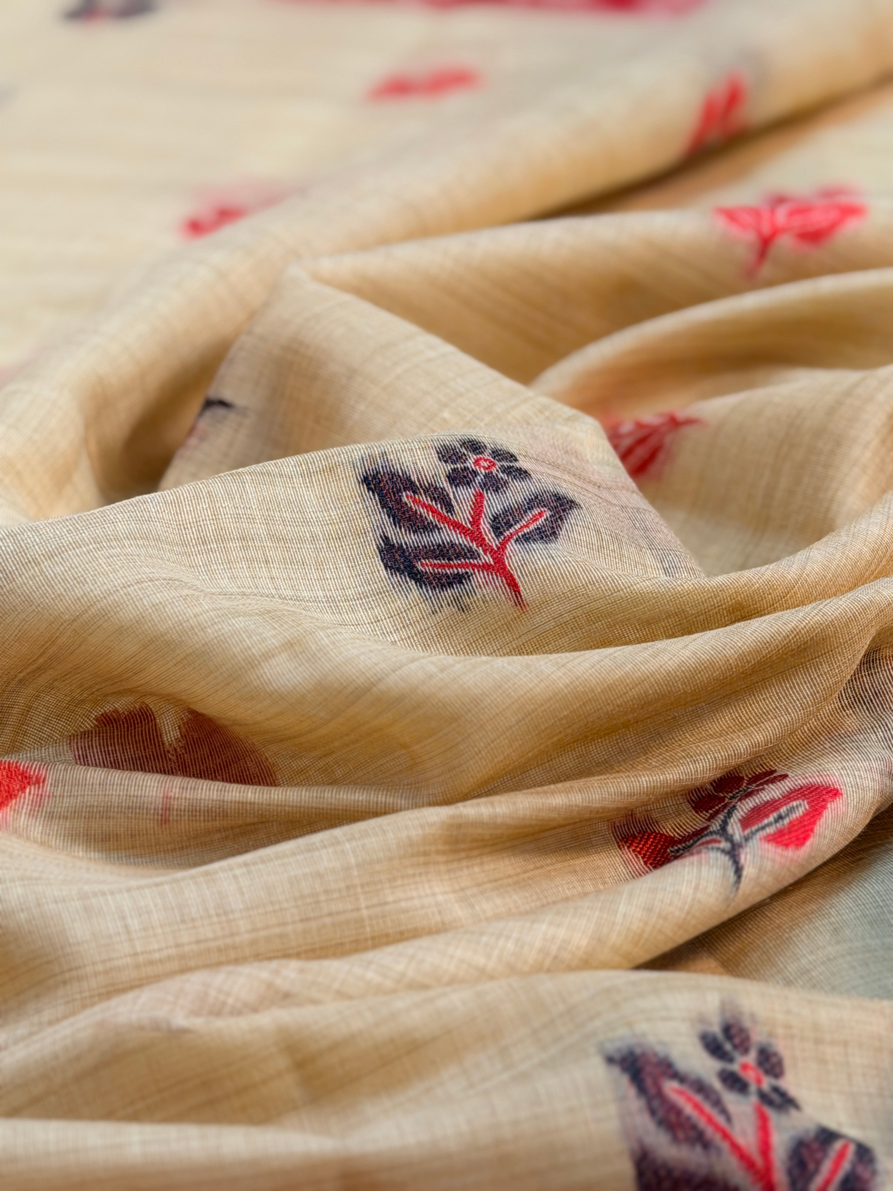 UTSAV BANARAS 459: Natural Beige Cotton Saree with Multicolor Resham Bird Motif Work