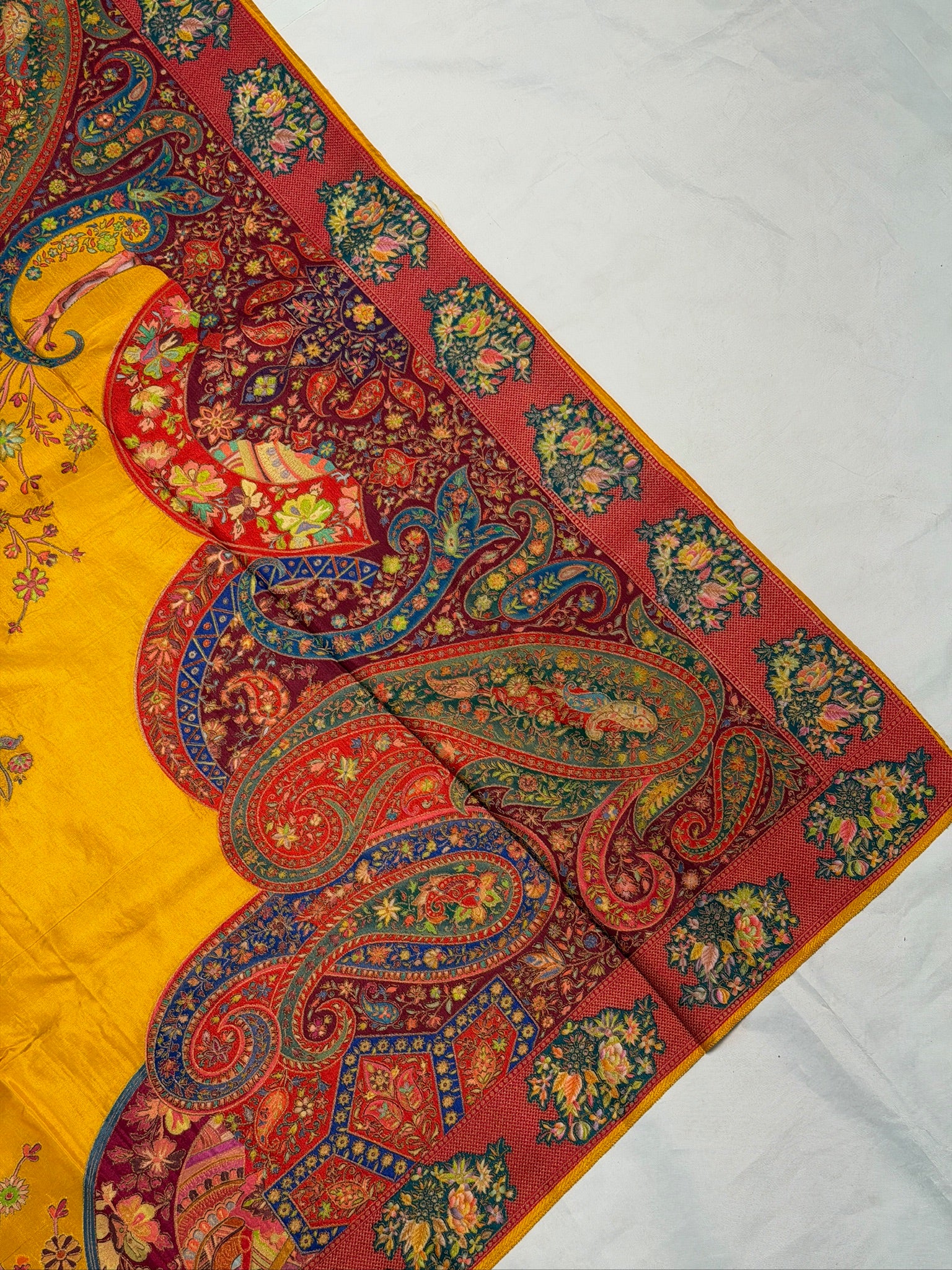 UTSAV BANARAS 476C: Mustard Yellow Butter Silk Saree with Royal Paisley Position Print & Contrast Blouse