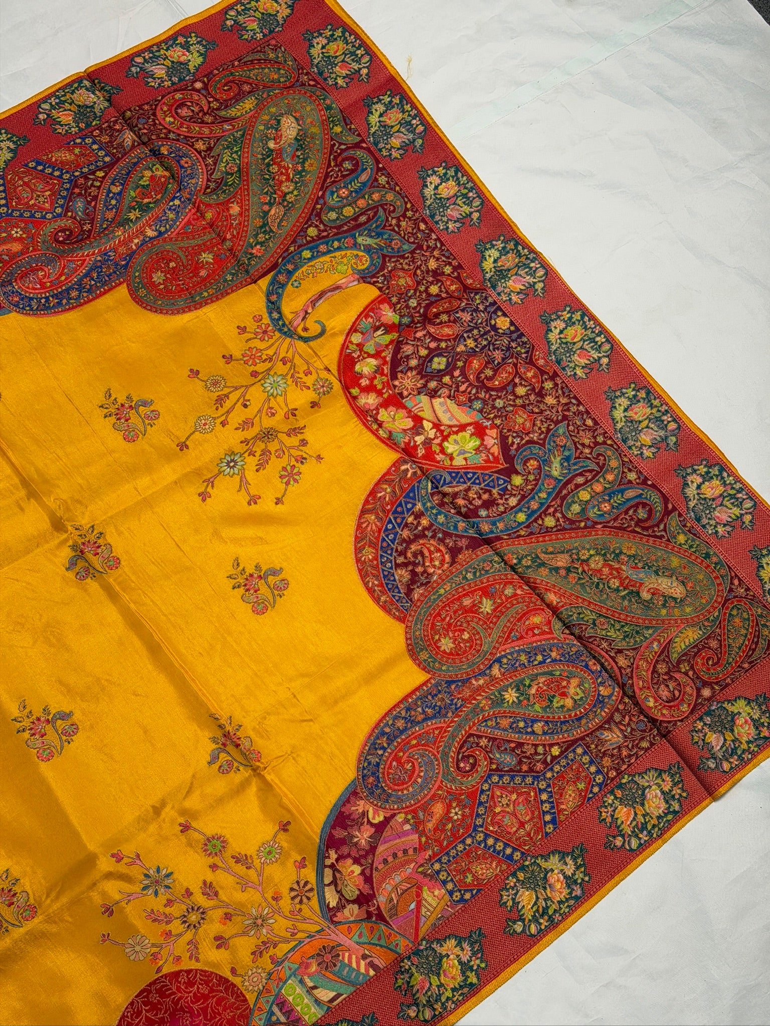 UTSAV BANARAS 476C: Mustard Yellow Butter Silk Saree with Royal Paisley Position Print & Contrast Blouse