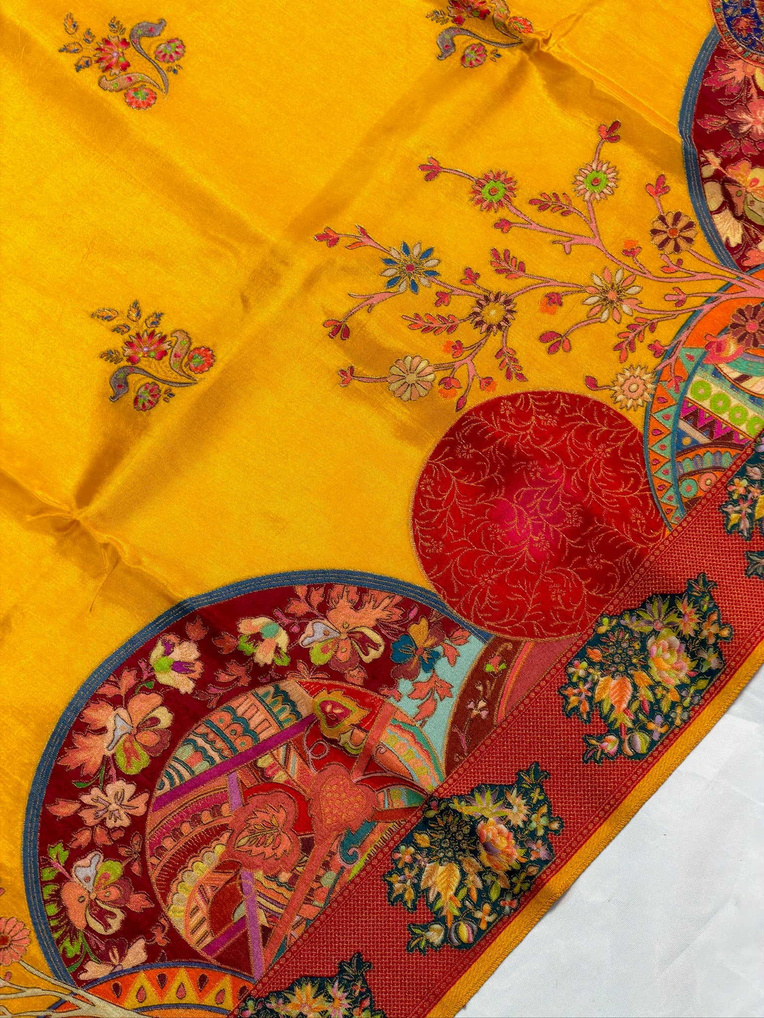 UTSAV BANARAS 476C: Mustard Yellow Butter Silk Saree with Royal Paisley Position Print & Contrast Blouse