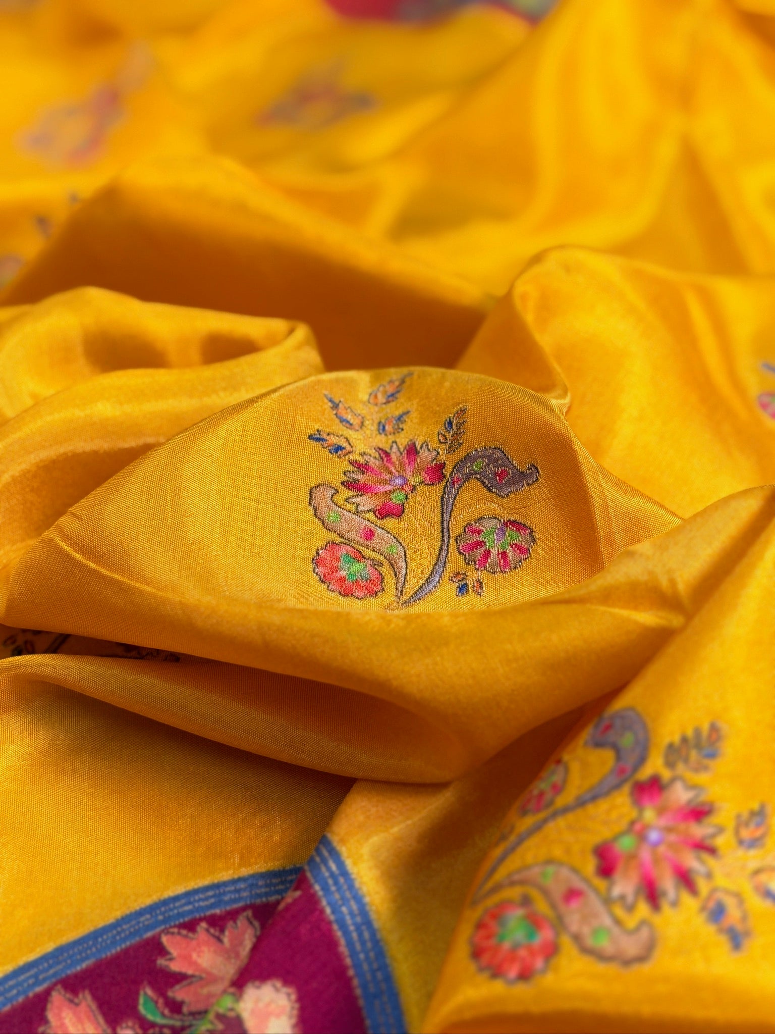 UTSAV BANARAS 476C: Mustard Yellow Butter Silk Saree with Royal Paisley Position Print & Contrast Blouse