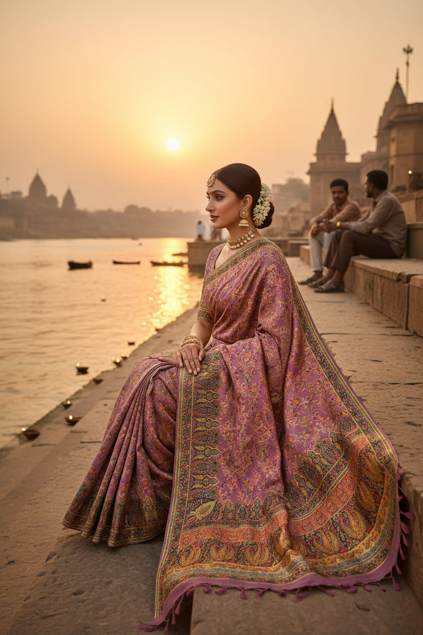UTSAV BANARAS 478: Purple Mauve Butter Silk Saree with Royal Paisley Position Print & Contrast Blouse