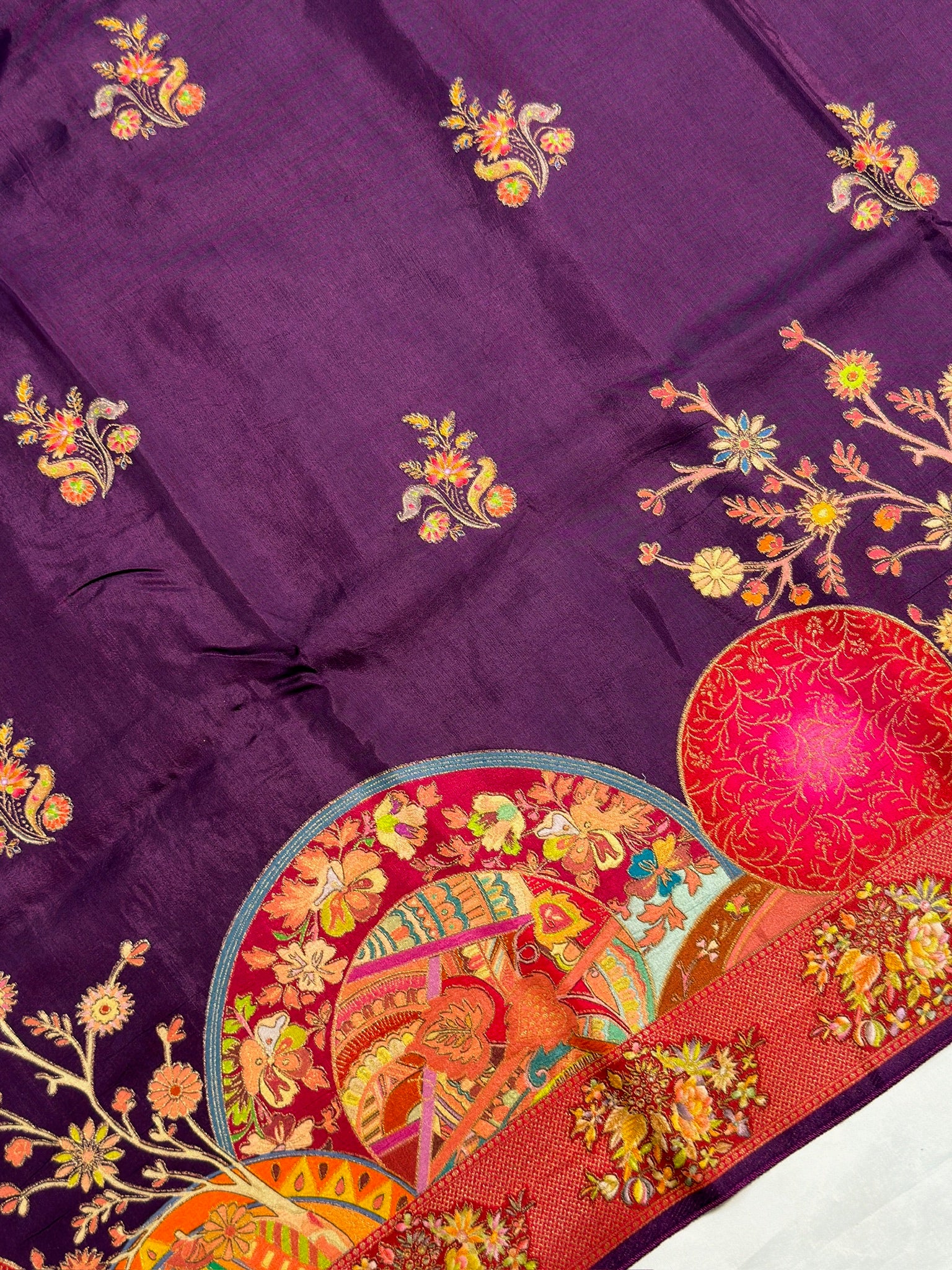 UTSAV BANARAS 476E: Purple Butter Silk Saree with Royal Paisley Position Print & Contrast Blouse