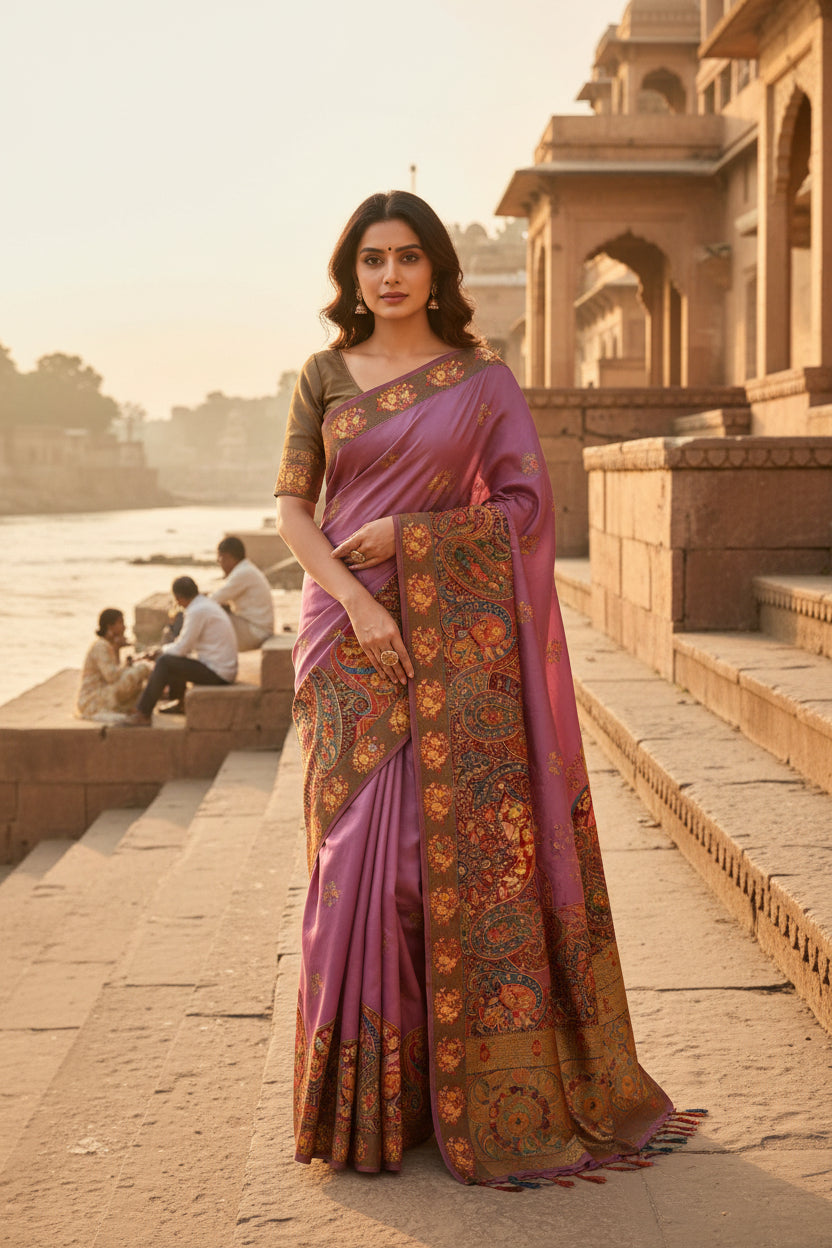 UTSAV BANARAS 476H: Deep Blue Butter Silk Saree with Royal Paisley Position Print & Contrast Blouse