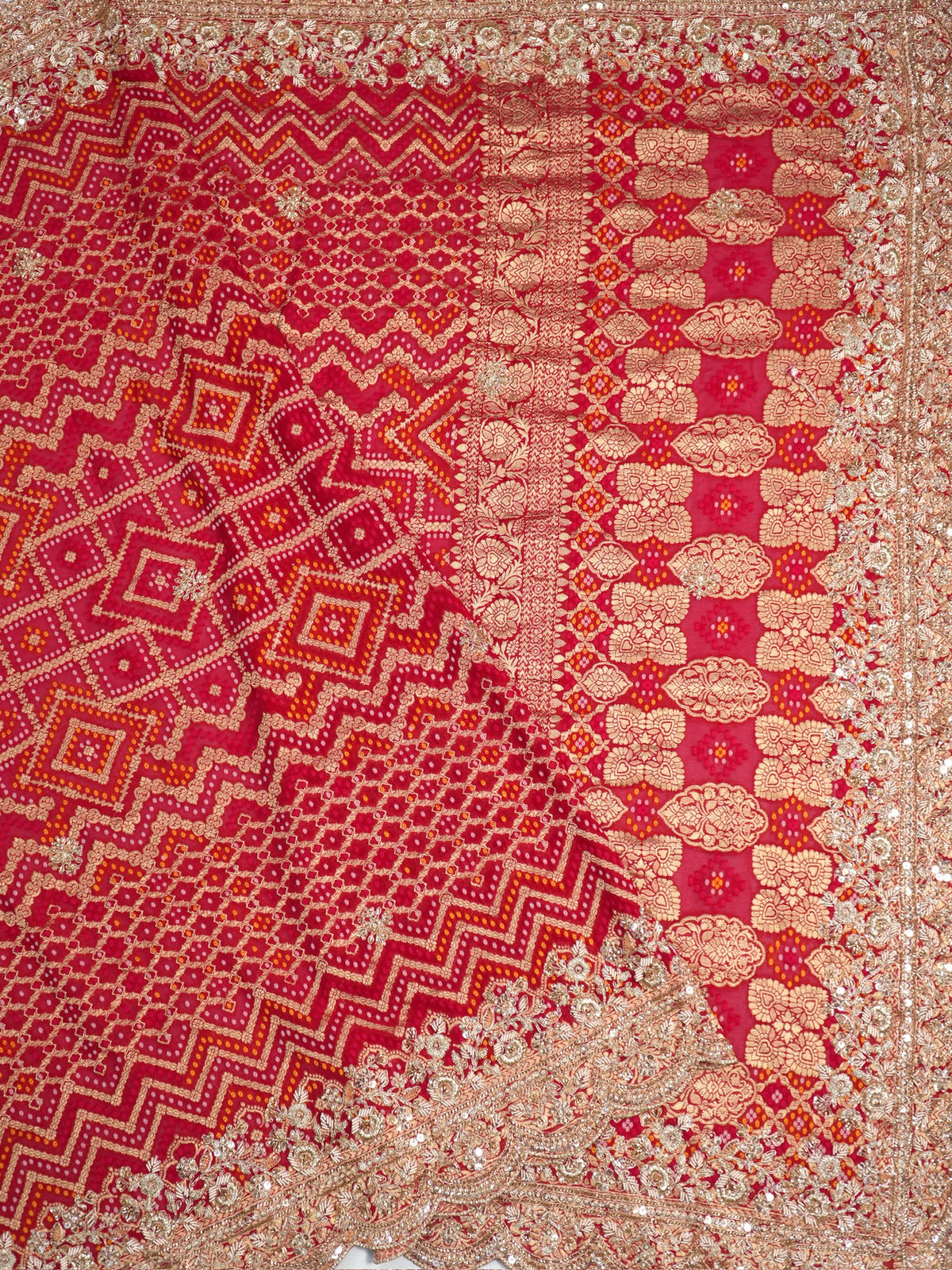 Karwa Chauth Special – Pinkish Red Bandhani Gajji Silk Saree