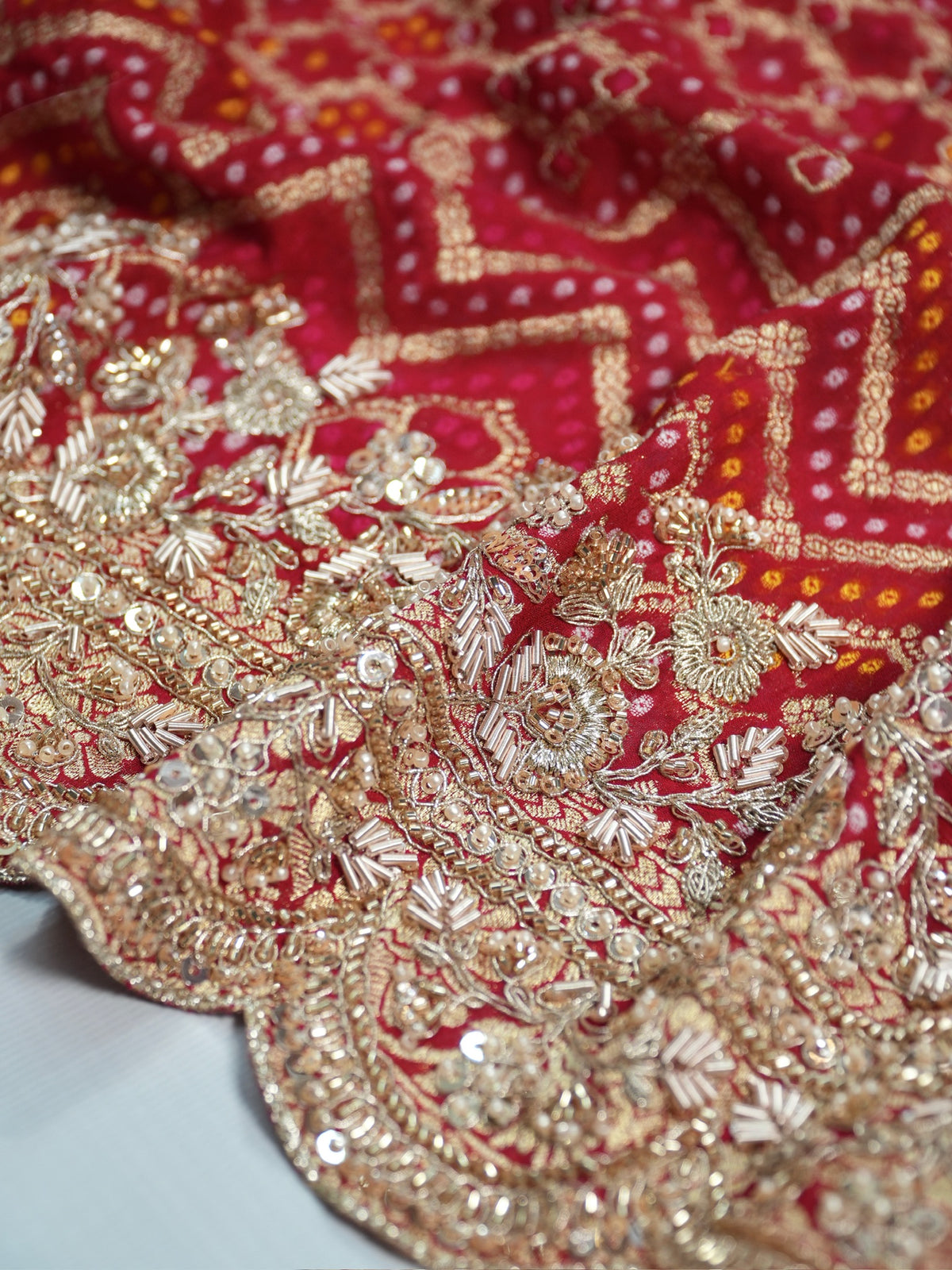 Karwa Chauth Special – Pinkish Red Bandhani Gajji Silk Saree