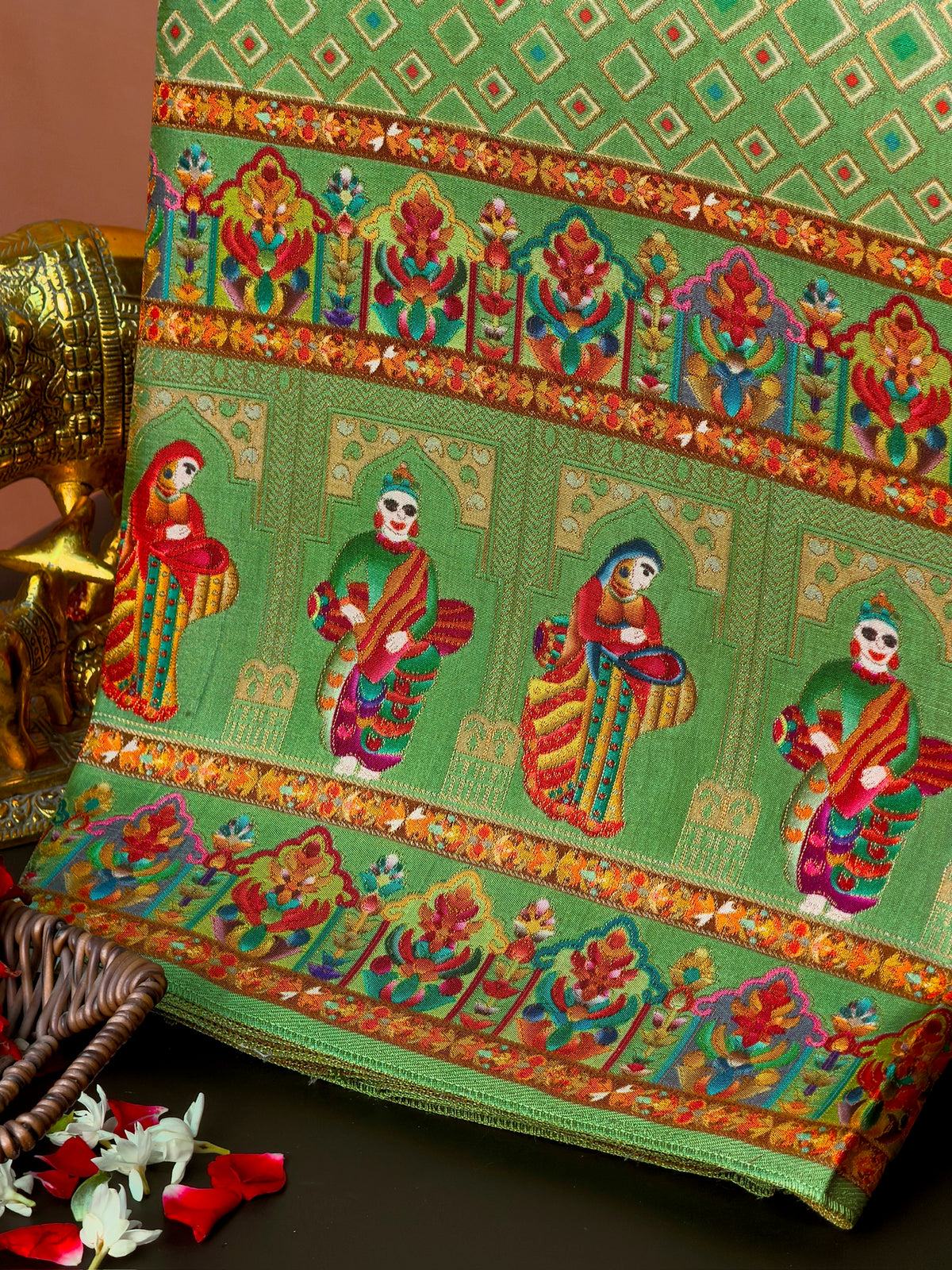 UTSAV BANARAS 475I: Pista Green Butter Silk Saree with Heritage Position Print & Contrast Blouse