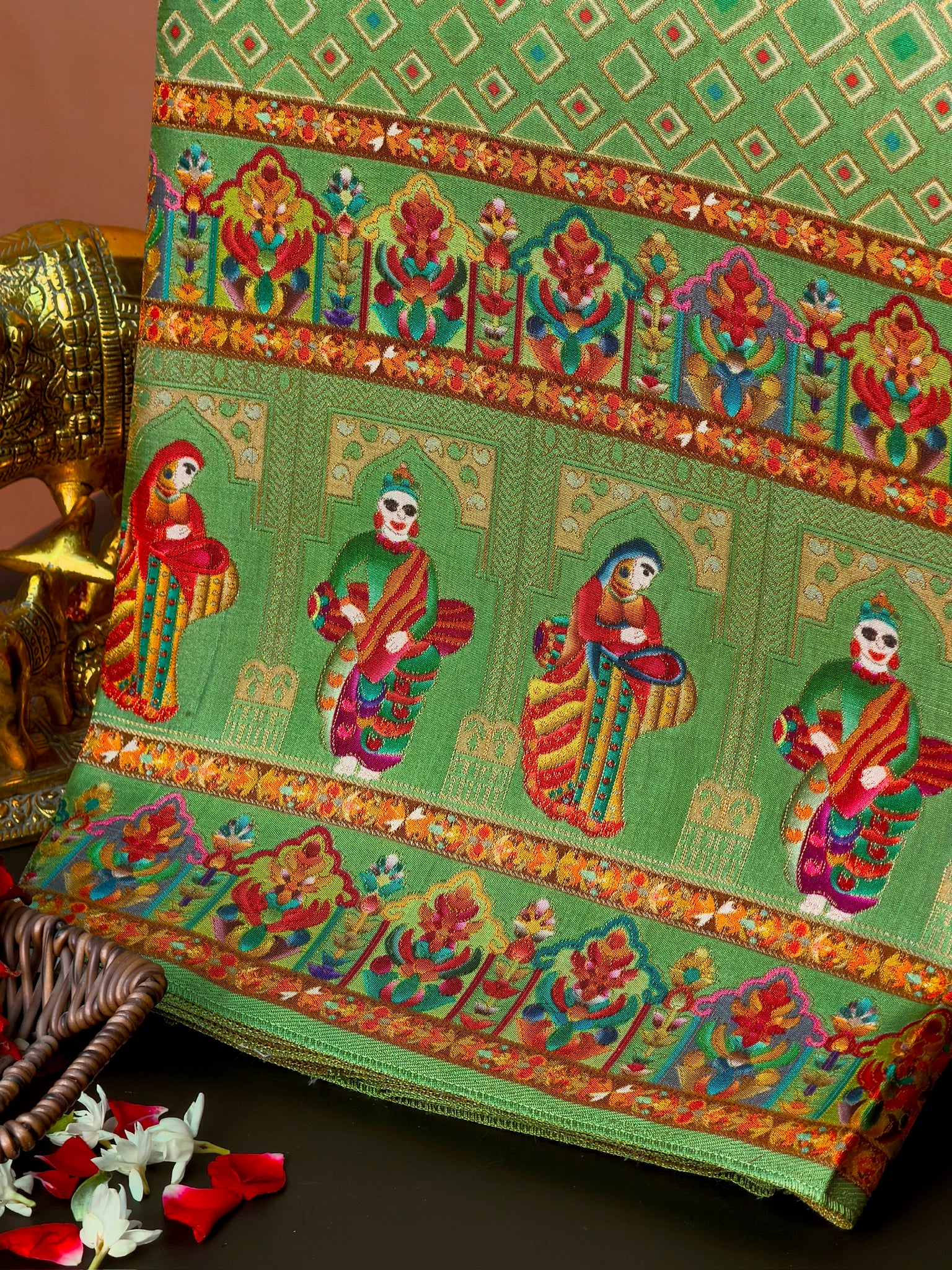 UTSAV BANARAS 475I: Pista Green Butter Silk Saree with Heritage Position Print & Contrast Blouse