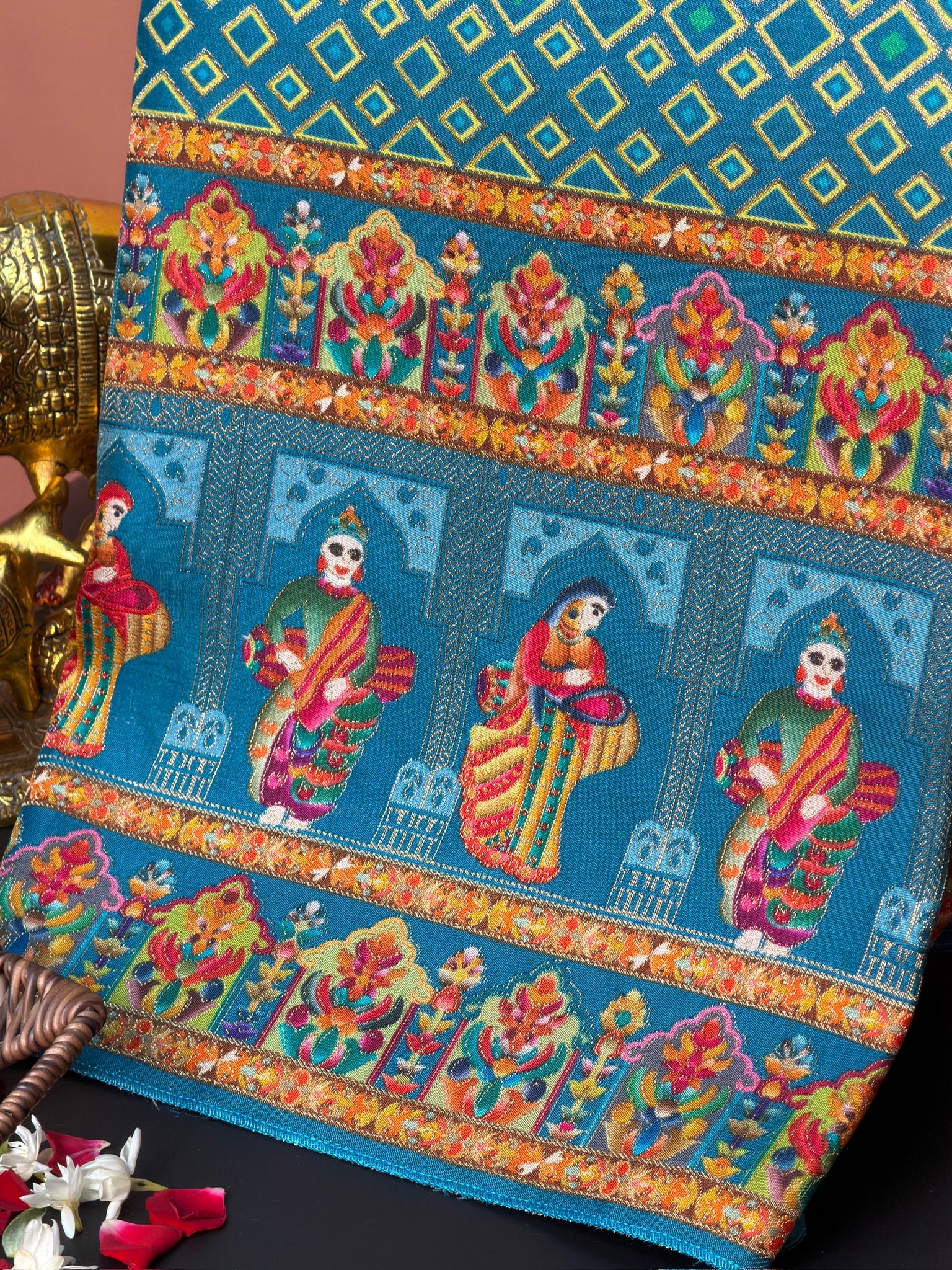 UTSAV BANARAS 475A: Azure Blue Butter Silk Saree with Heritage Position Print & Contrast Blouse