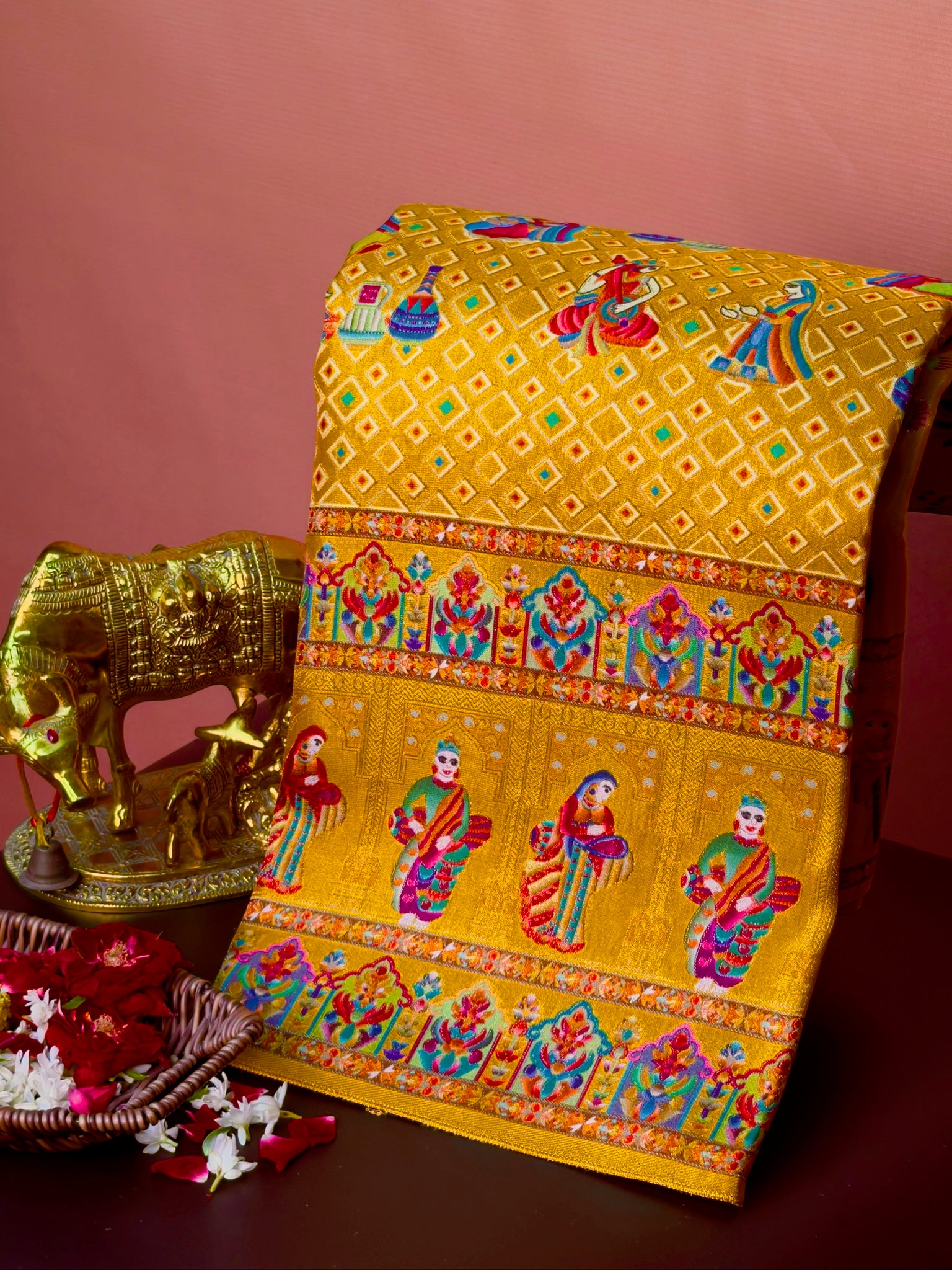 UTSAV BANARAS 475A: Azure Blue Butter Silk Saree with Heritage Position Print & Contrast Blouse