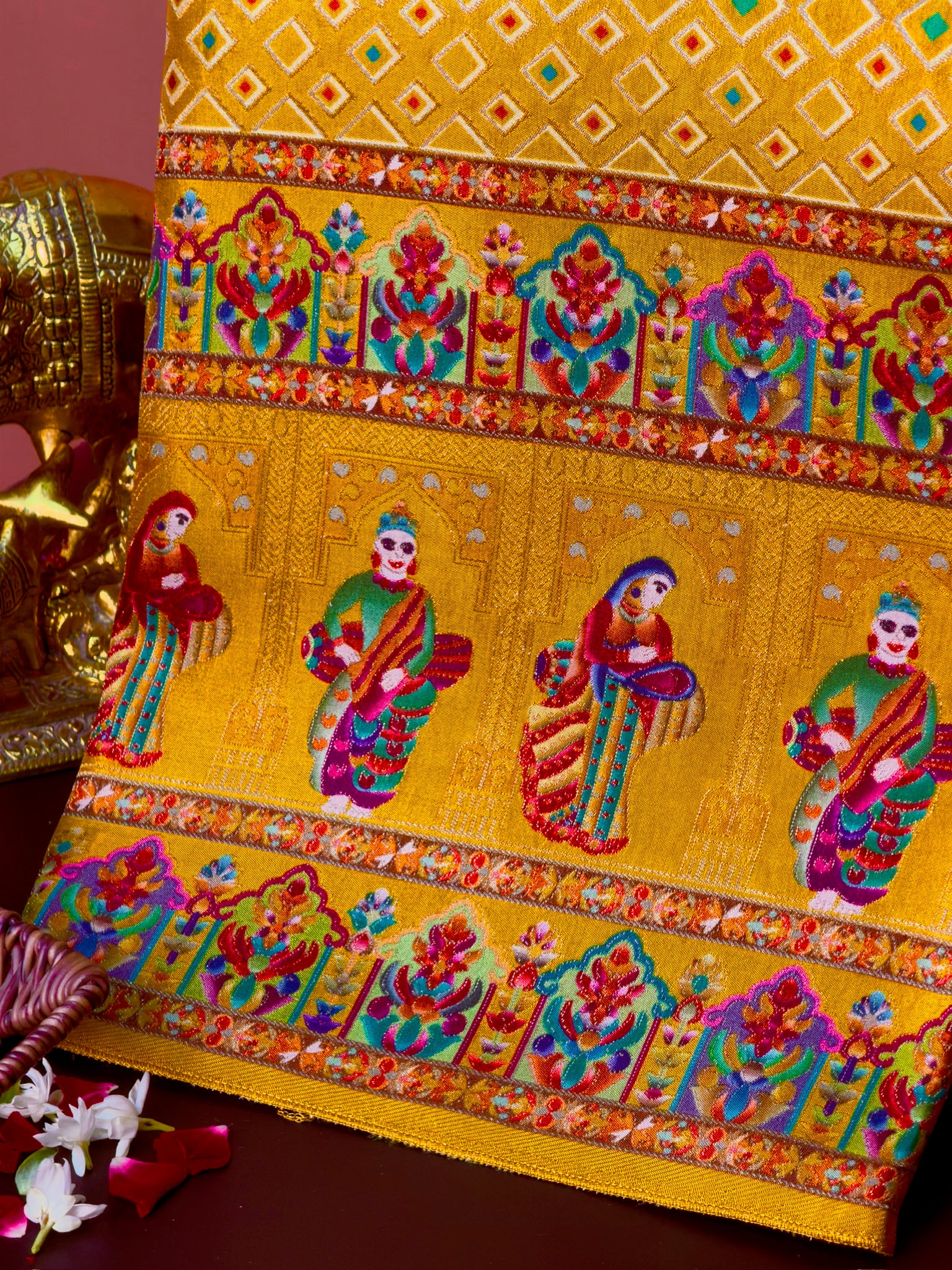 UTSAV BANARAS 47C: Mustard Yellow Butter Silk Saree with Heritage Position Print & Contrast Blouse