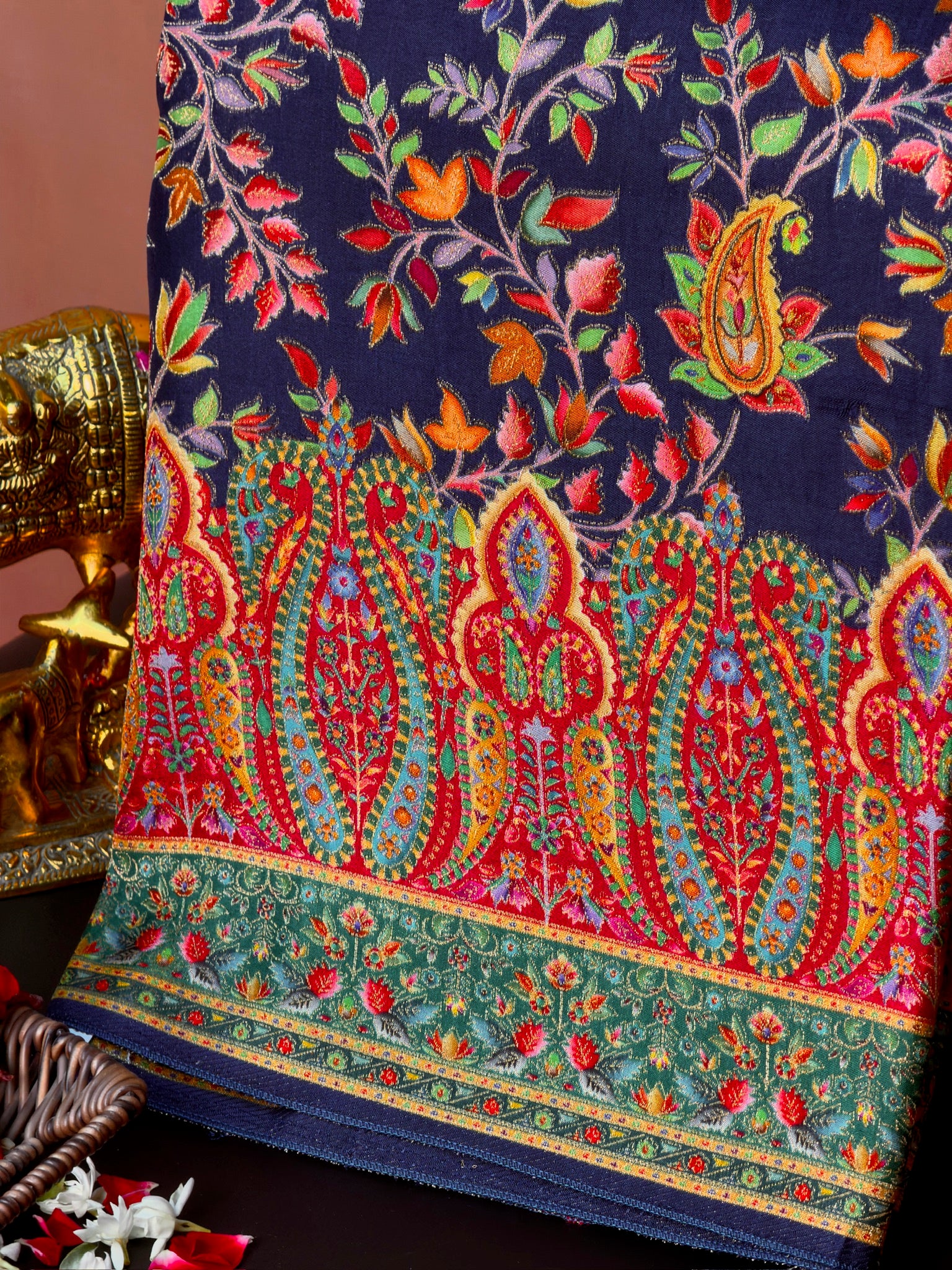 UTSAV BANARAS 478A: Indigo Blue Butter Silk Saree with Royal Paisley Position Print & Contrast Blouse