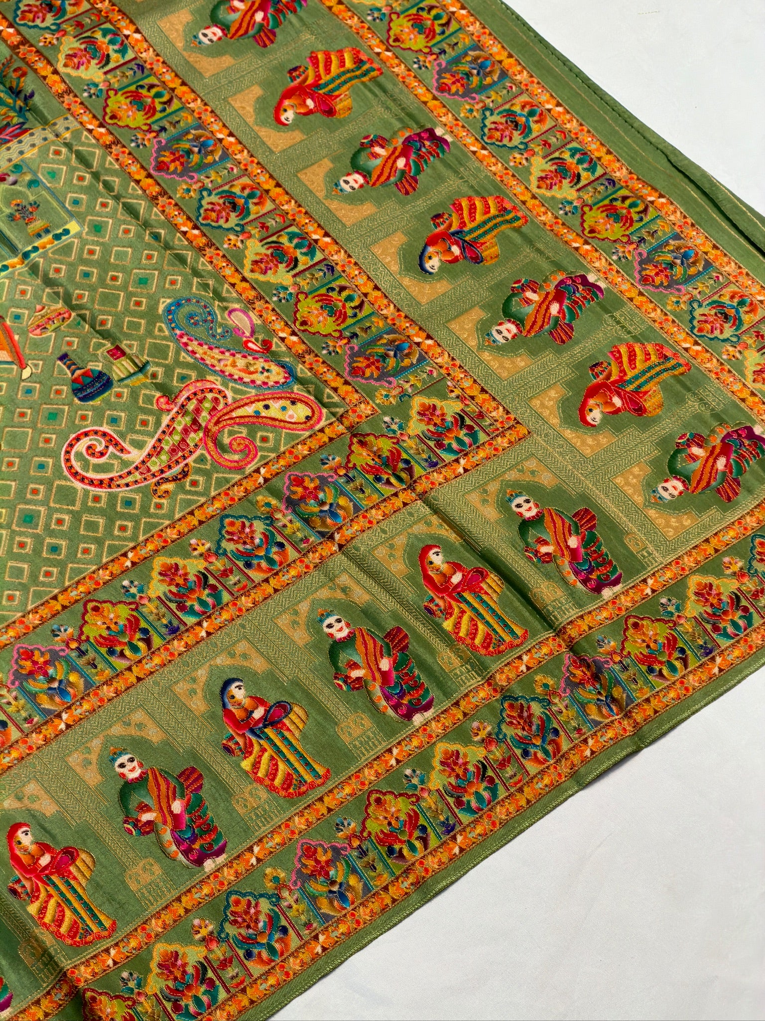 UTSAV BANARAS 475I: Pista Green Butter Silk Saree with Heritage Position Print & Contrast Blouse