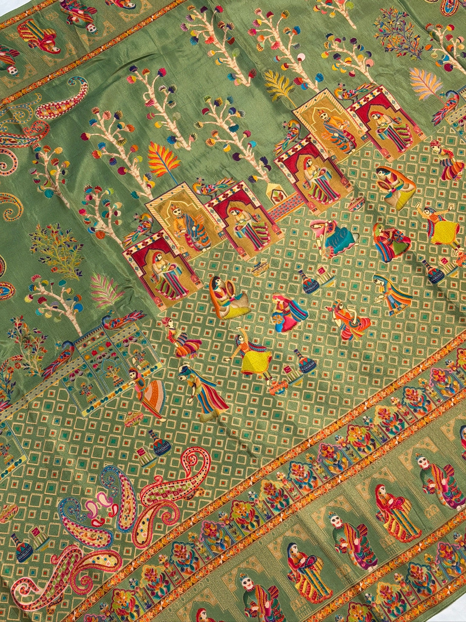 UTSAV BANARAS 475I: Pista Green Butter Silk Saree with Heritage Position Print & Contrast Blouse