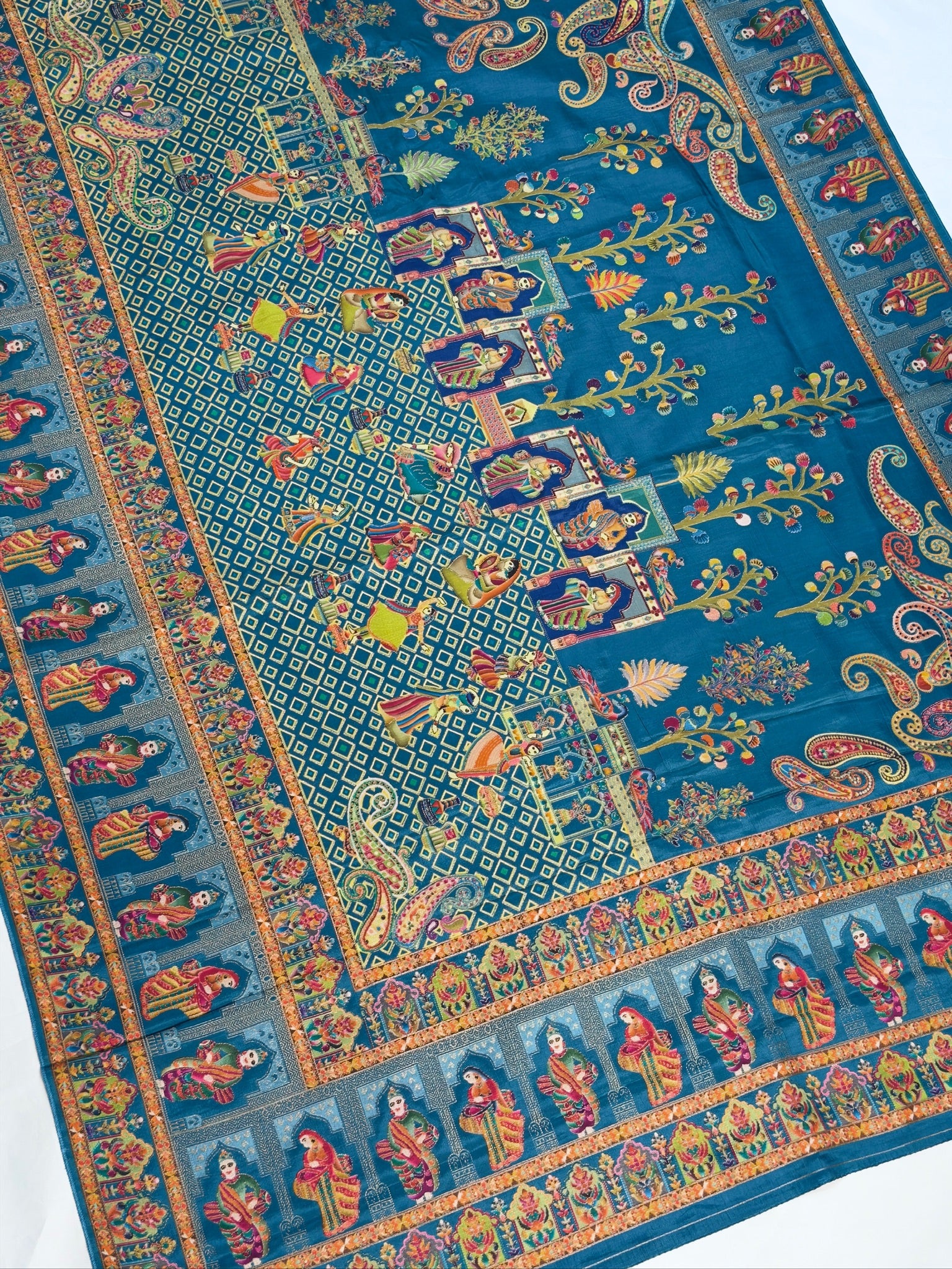 UTSAV BANARAS 475A: Azure Blue Butter Silk Saree with Heritage Position Print & Contrast Blouse